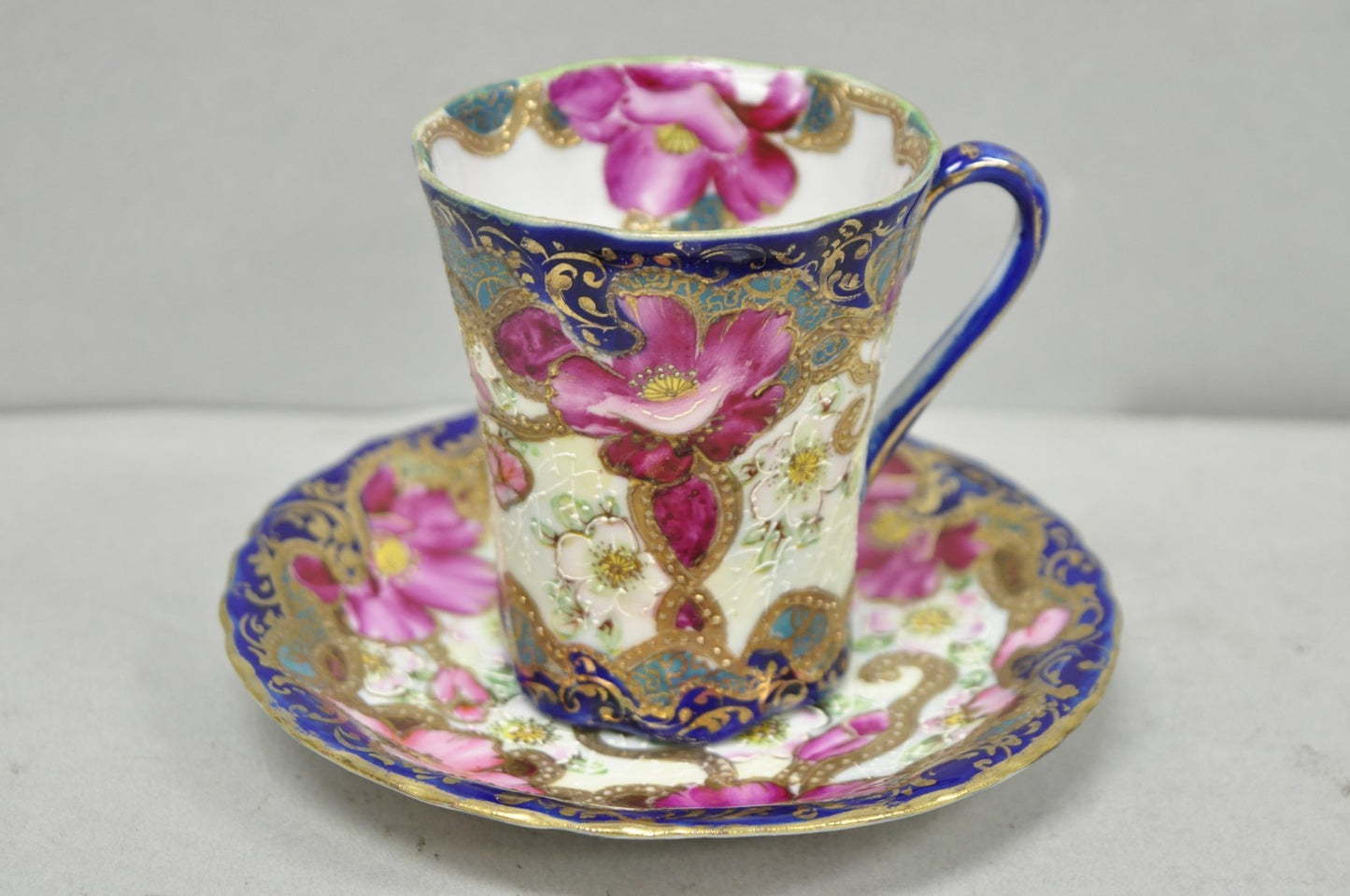 Antique Victorian Teacup & Saucer Cobalt Blue & Roses w/ Draped Gold Trim