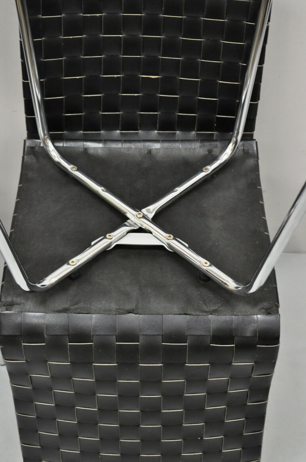 Modern Black Woven Leather Chrome Frame Dining Chairs - Set of 4