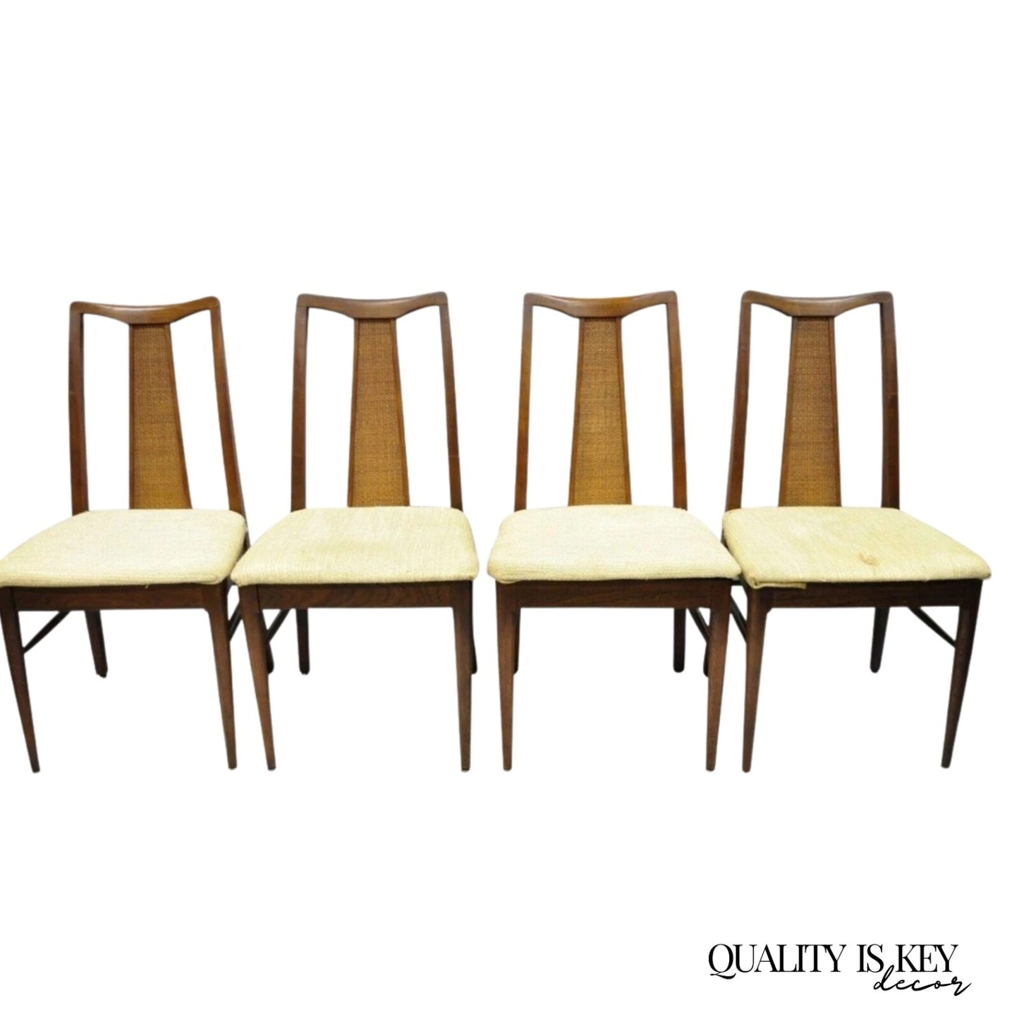 Vintage Mid Century Modern Walnut Cane Back Dining Room Side Chairs - Set of 4