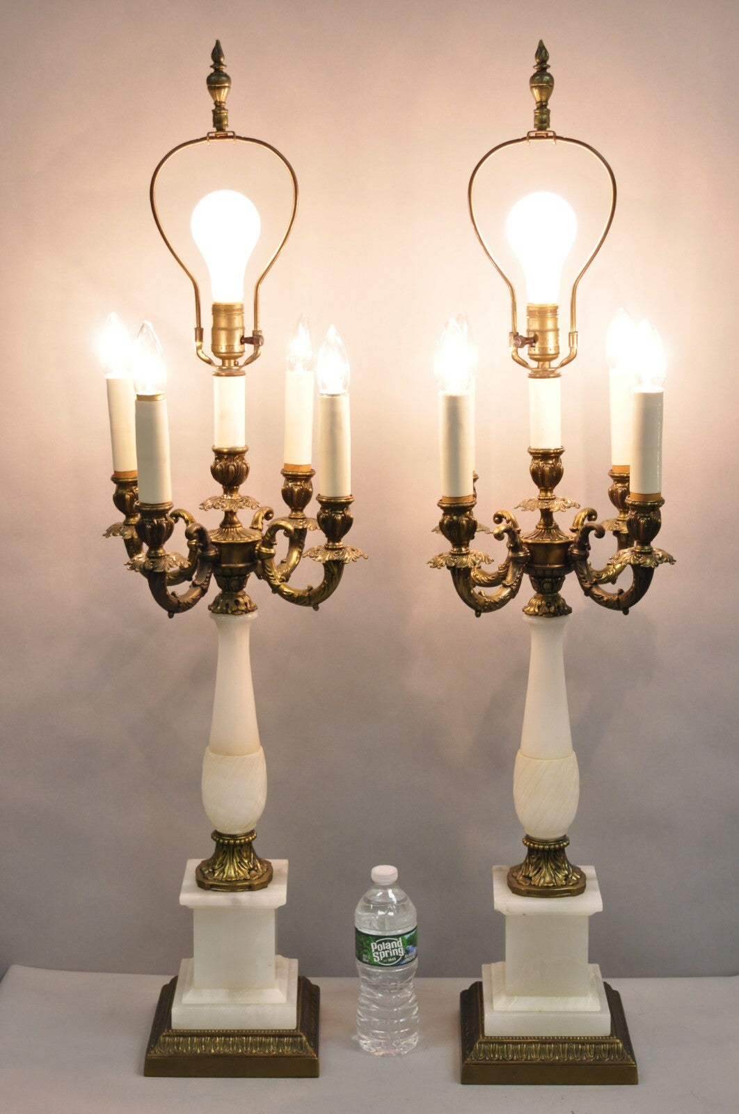 Vintage French Empire Alabaster Column Brass Metal Candelabra Table Lamps - Pair