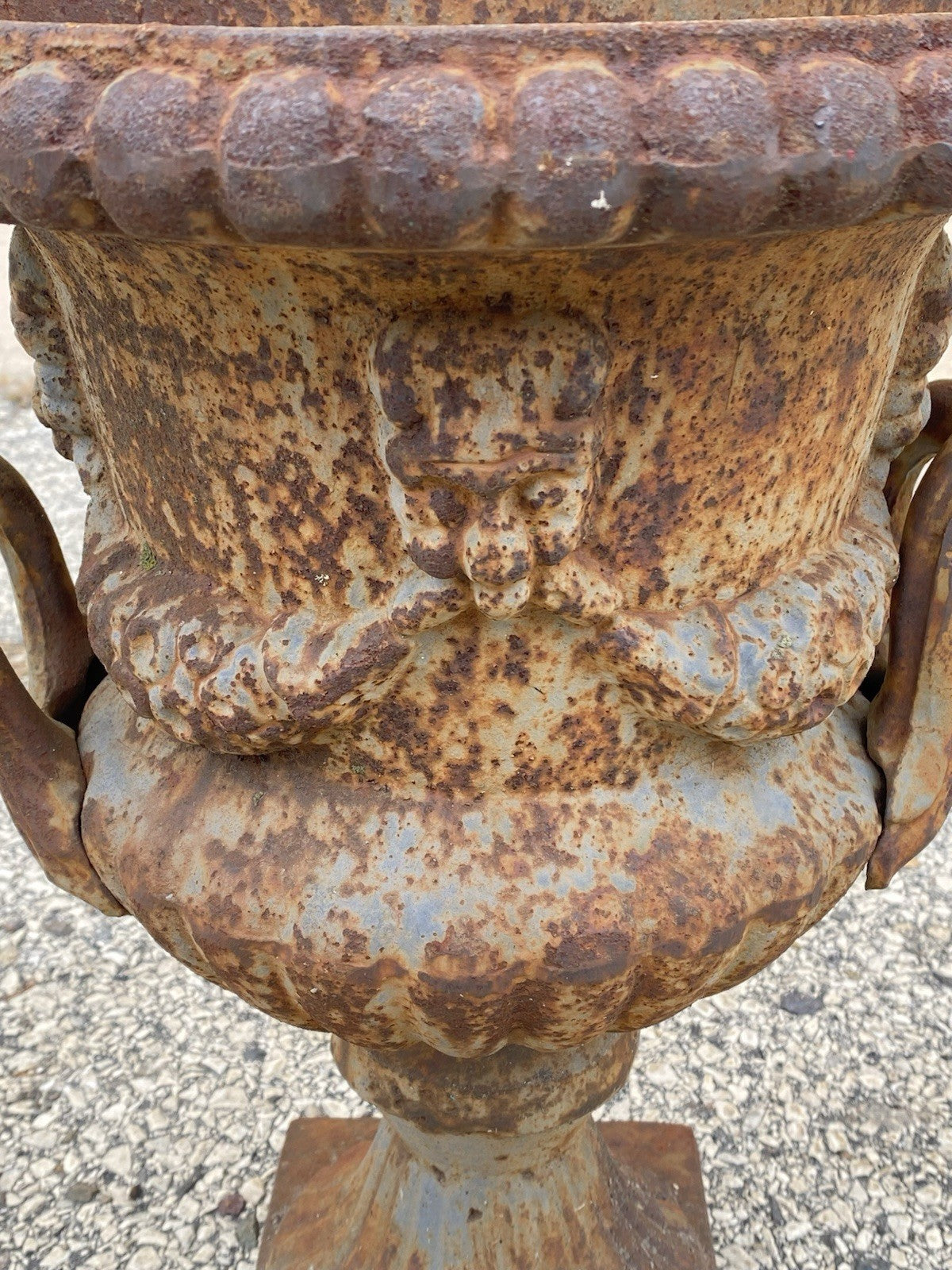 French Classical Style Cast Iron Urn Form 17" Garden Yard Planter Pot w/ Faces