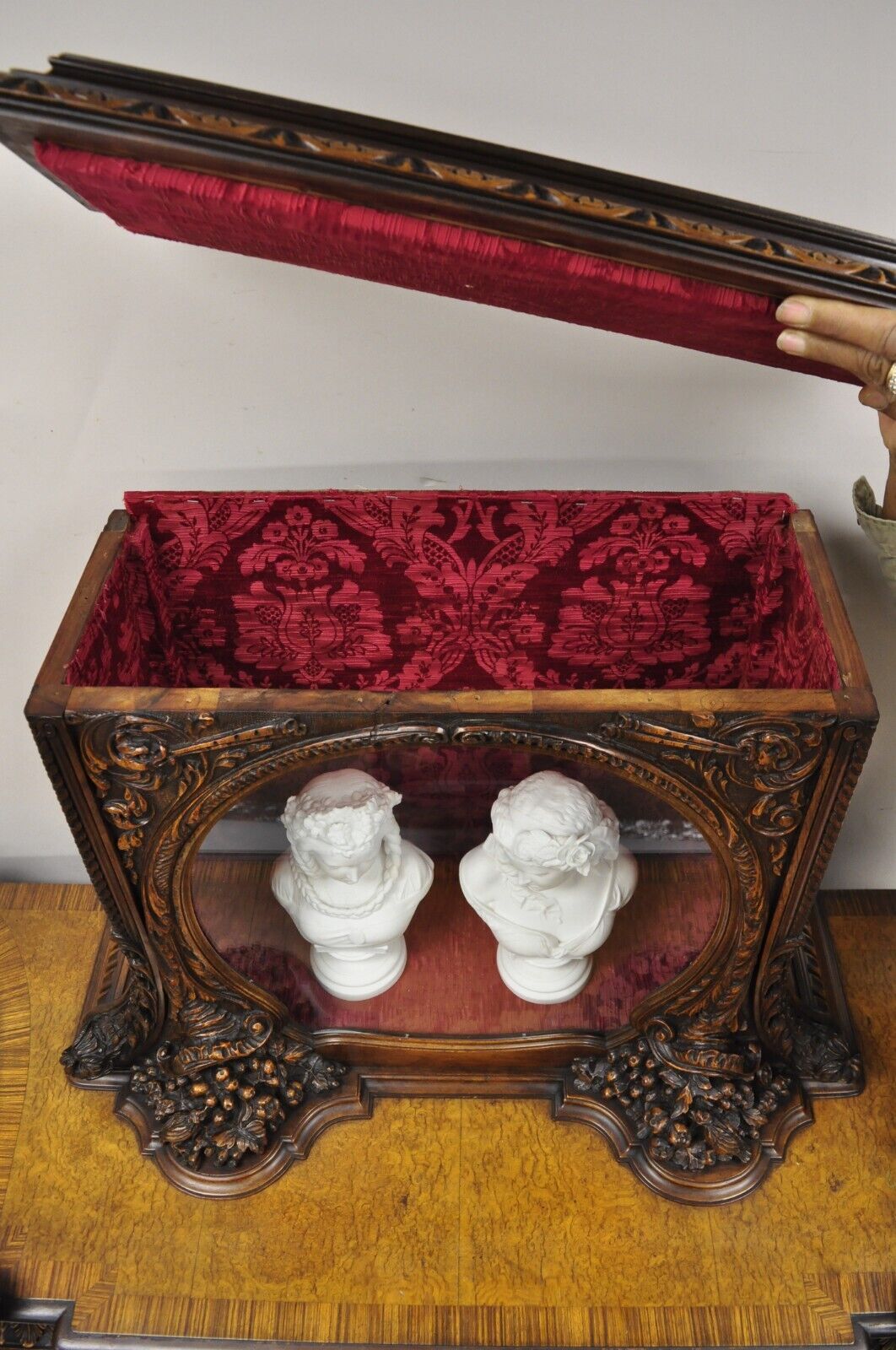 French Renaissance Louis XV Style Figural Carved Walnut Curio Display Buffet
