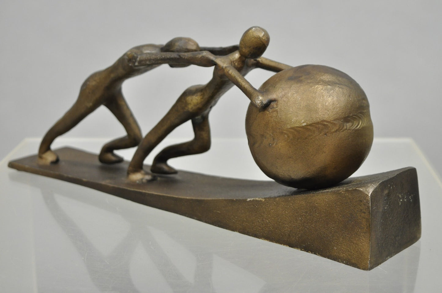Modern Abstract Brutalist Cast Metal Sculpture Figures Pushing Boulder up Hill