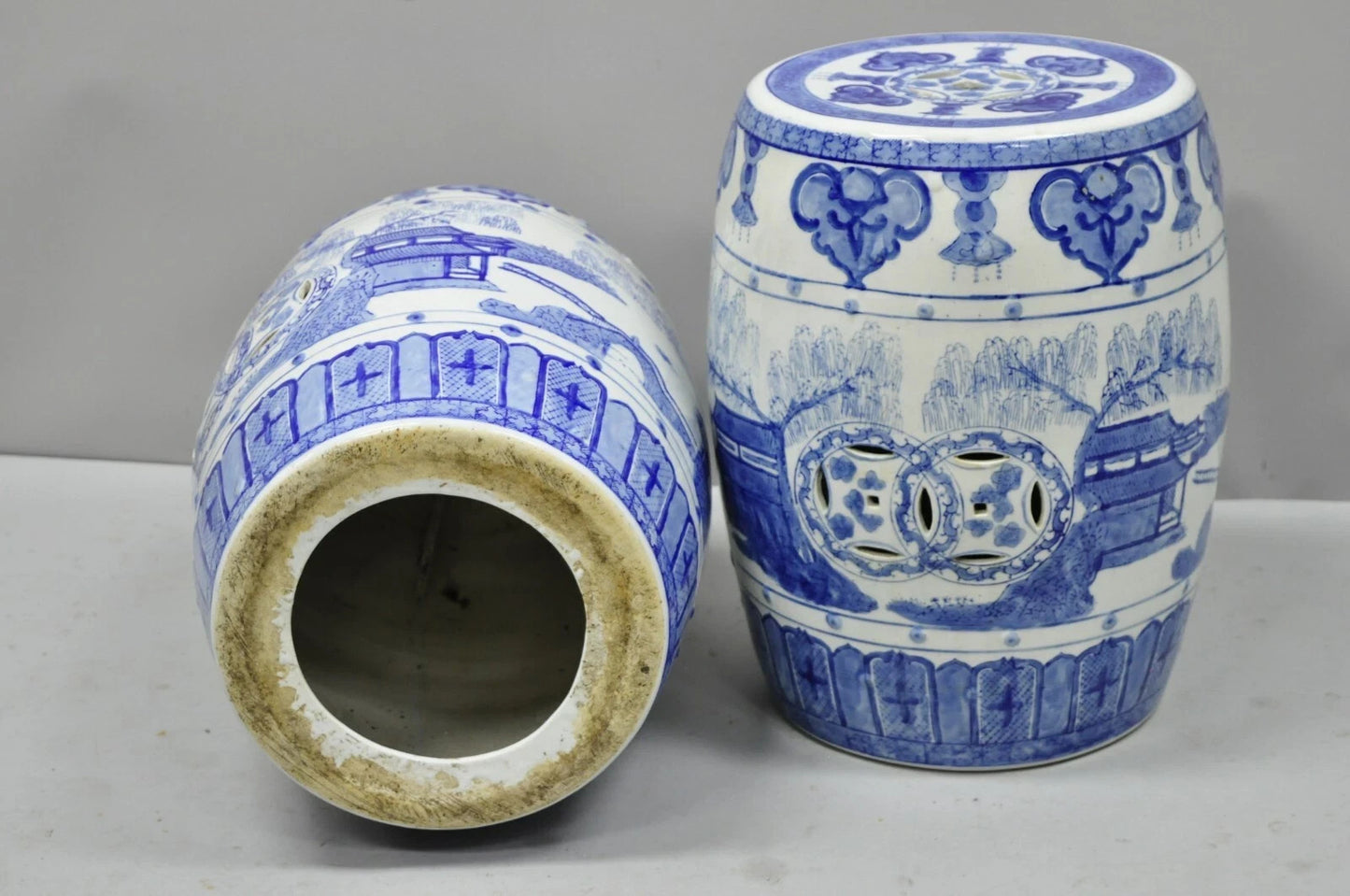 Vintage Chinese Oriental Blue & White Porcelain Garden Drum Seat Table - a Pair