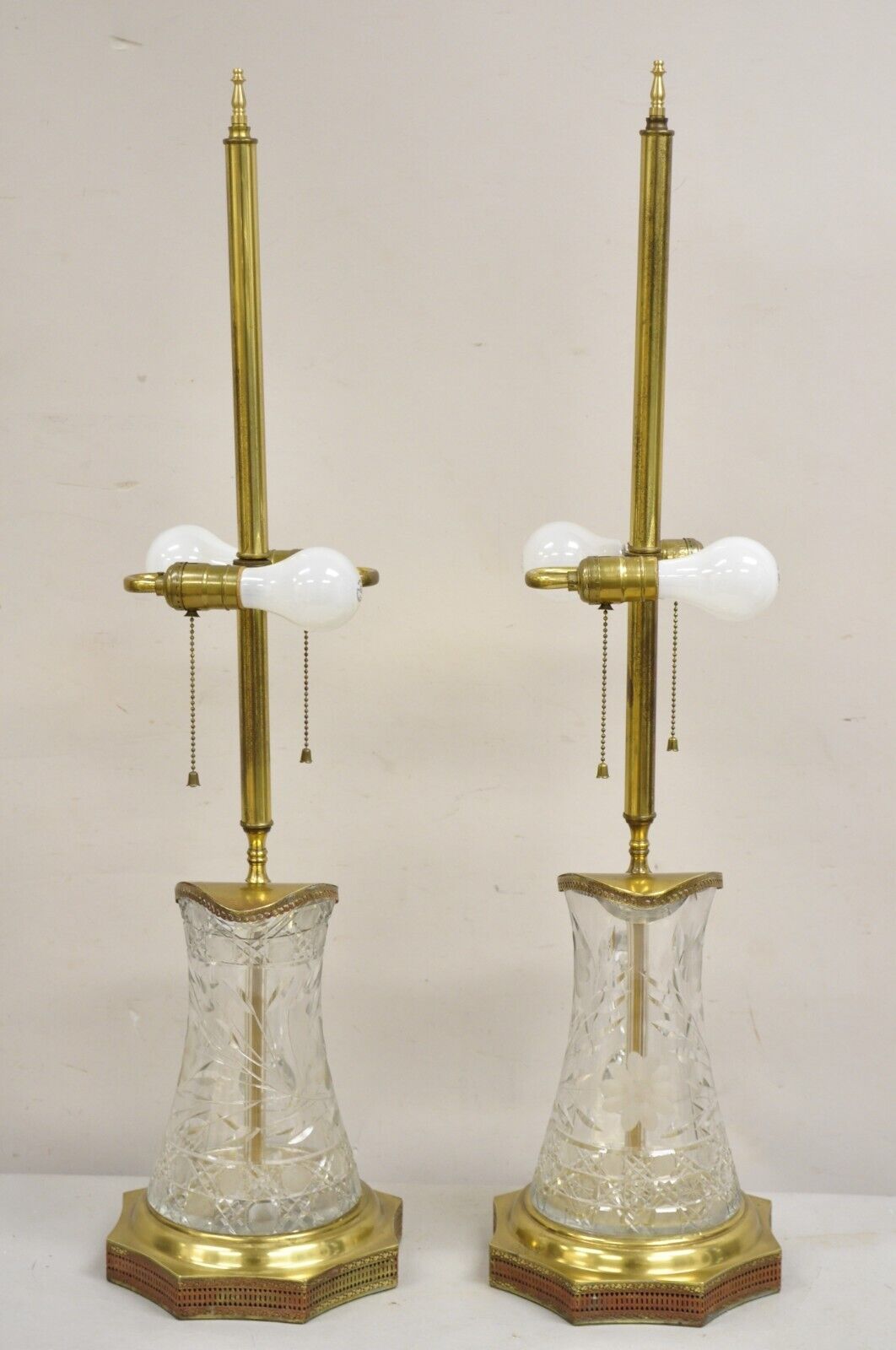 Antique Art Nouveau Brass & Cut Glass Water Pitcher Form Table Lamps - a Pair
