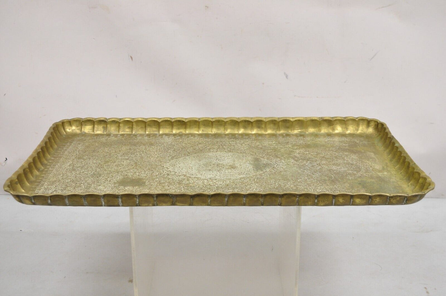 Vintage Moroccan Middle Eastern Solid Brass Rectangular Engraved 30" Tray Top
