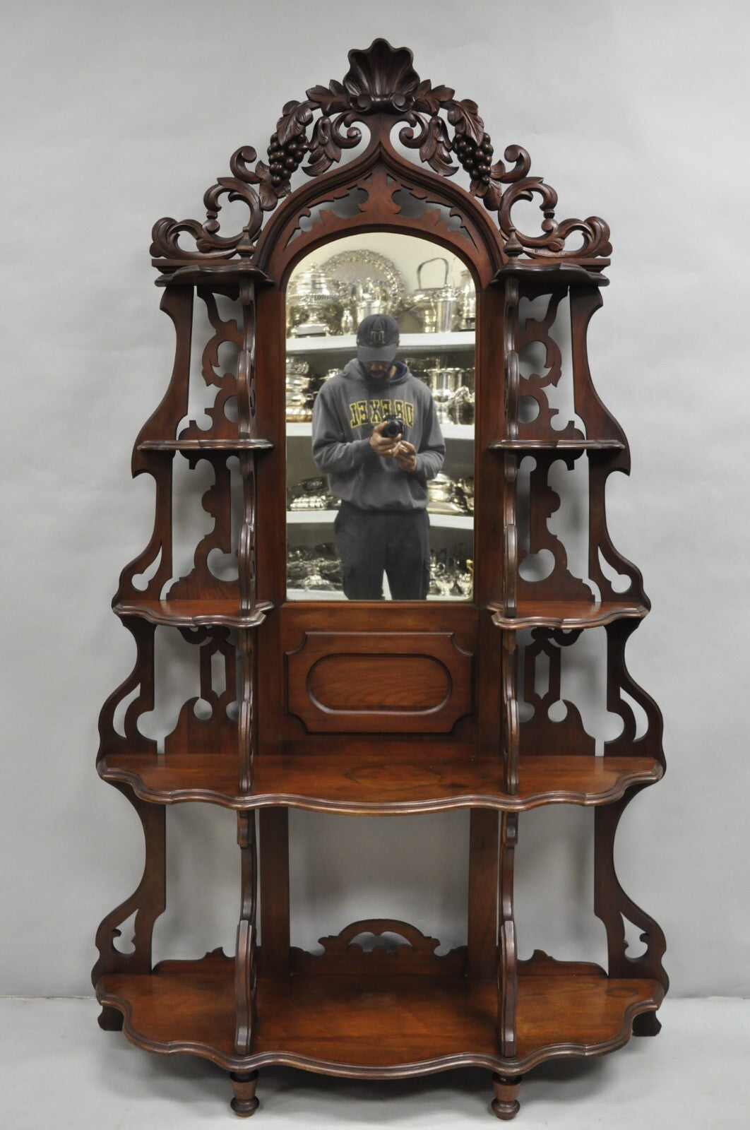 Antique Victorian Rococo Grapevine Carved Walnut Etagere Curio Shelf w/ Mirror
