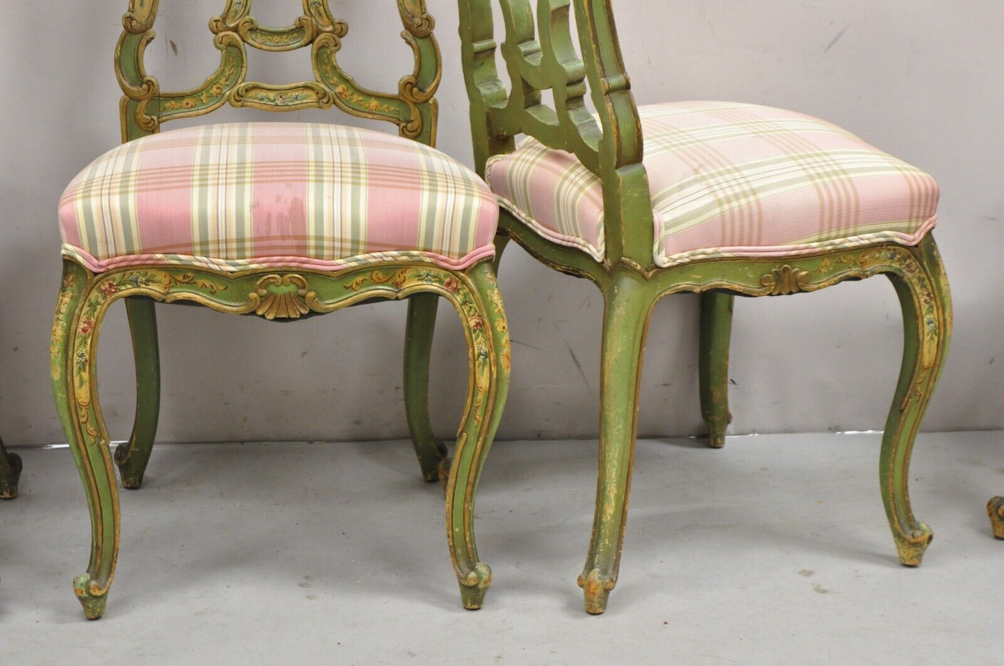 Antique Italian Venetian Green Floral Hand Painted Dining Side Chairs - Set of 4