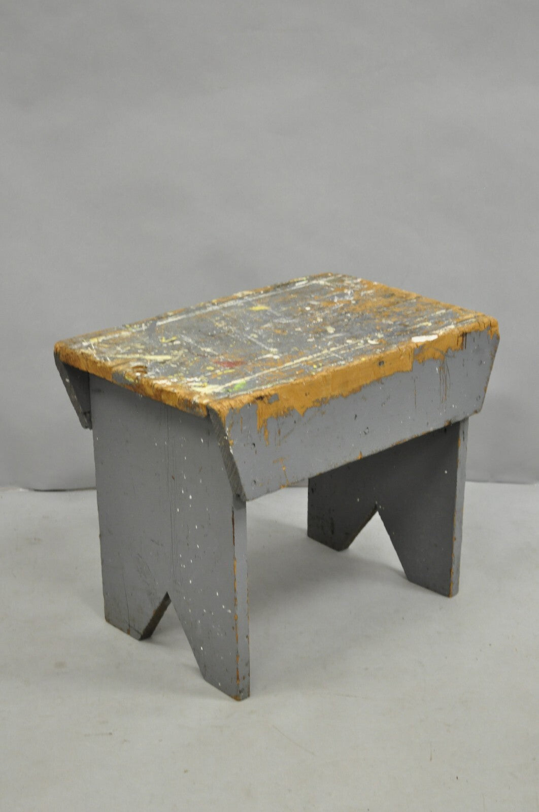 Antique French Country Primitive Gray Painted Paint Splattered Work Bench Stool