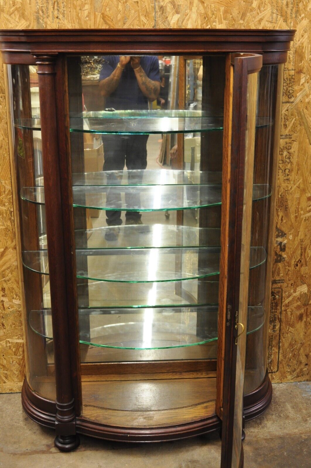 Antique American Empire Victorian Oak Wood Bowed Glass China Cabinet Curio