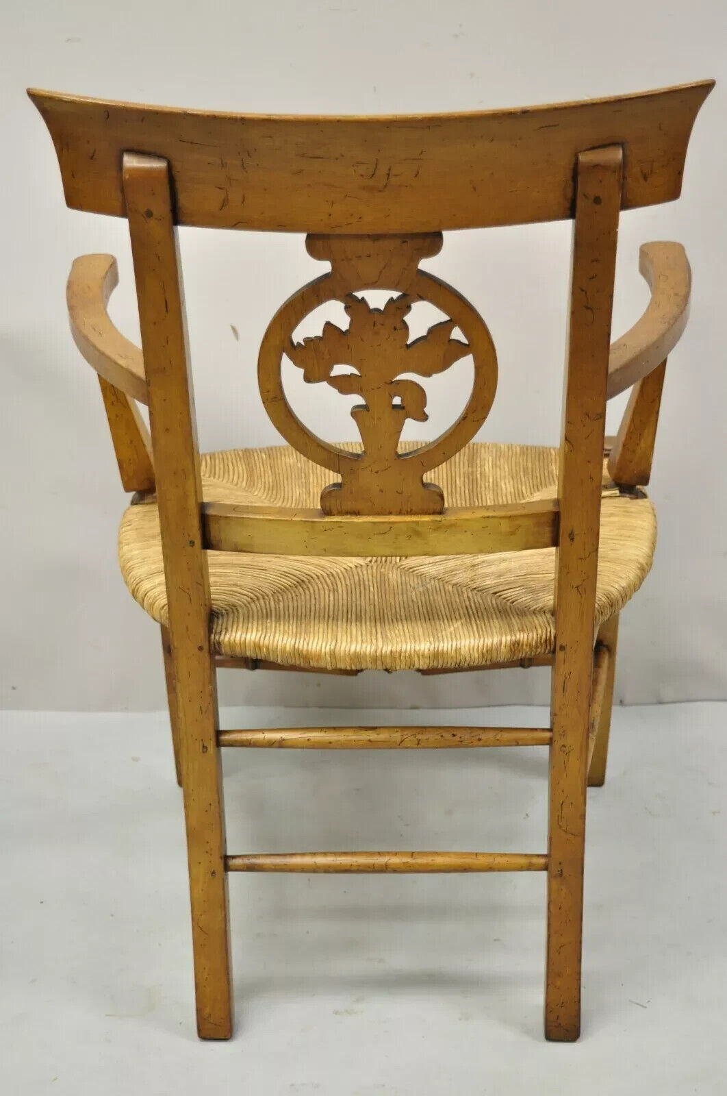 Vintage French Country Cherry Wood Italian Distressed Rush Seat Dining Arm Chair