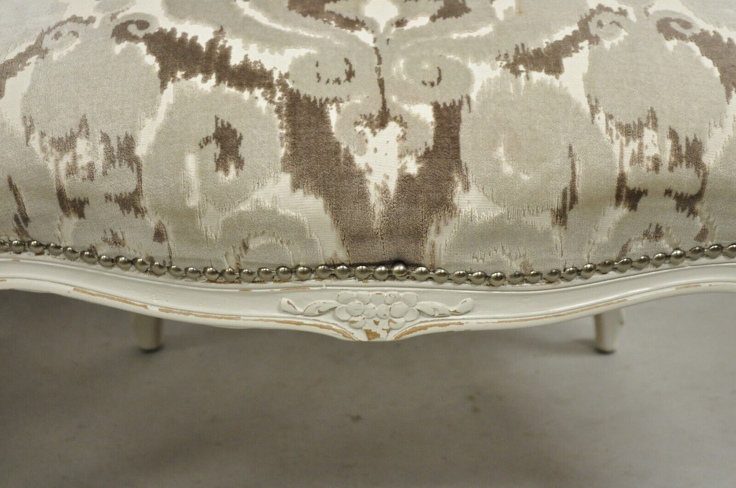 Vintage French Country Louis XV Style White Distress Painted Arm Chairs - a Pair