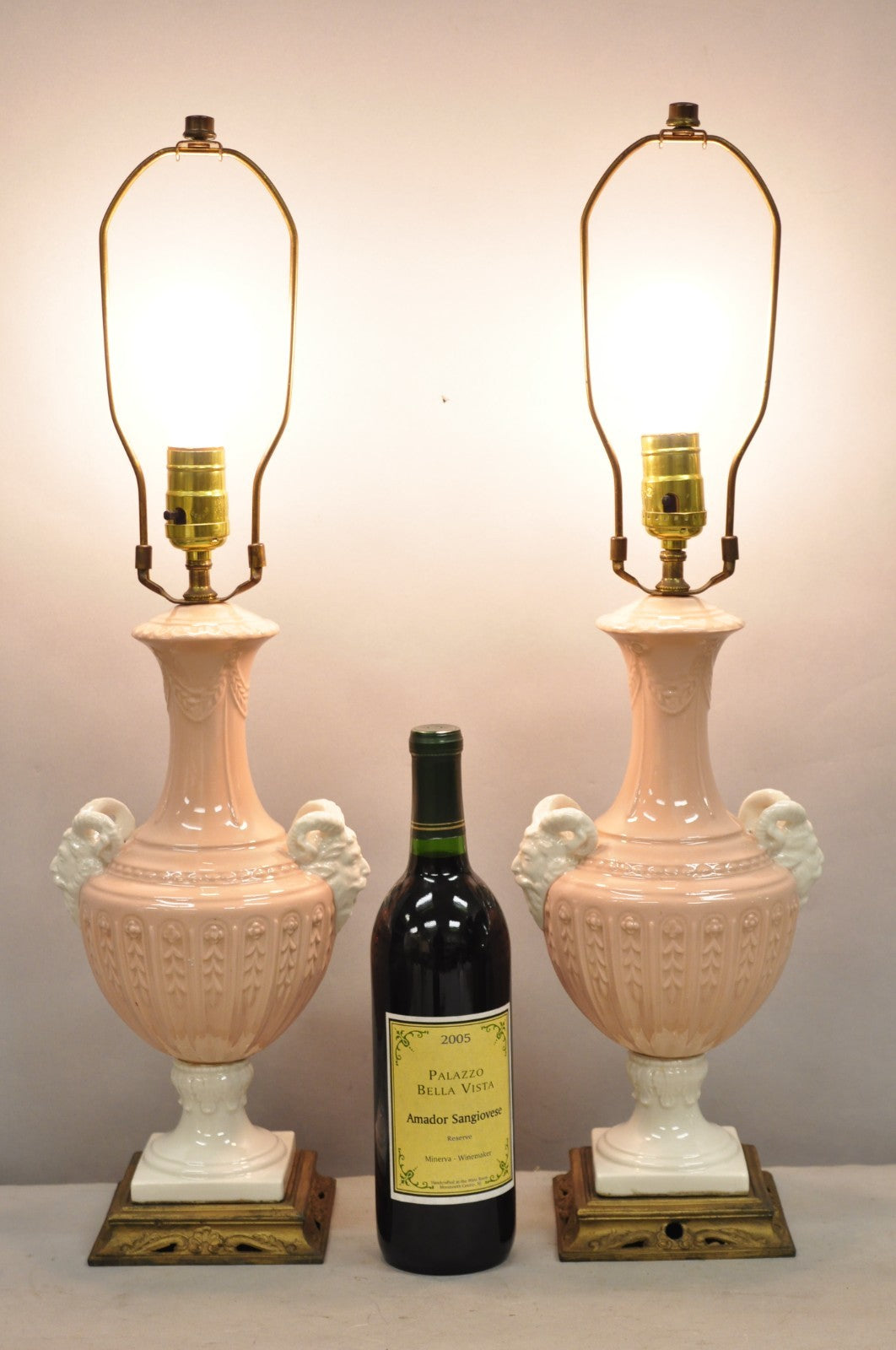 Vintage Italian Neoclassical Pink Porcelain Urn Table Lamps w/ Bearded Man, Pair