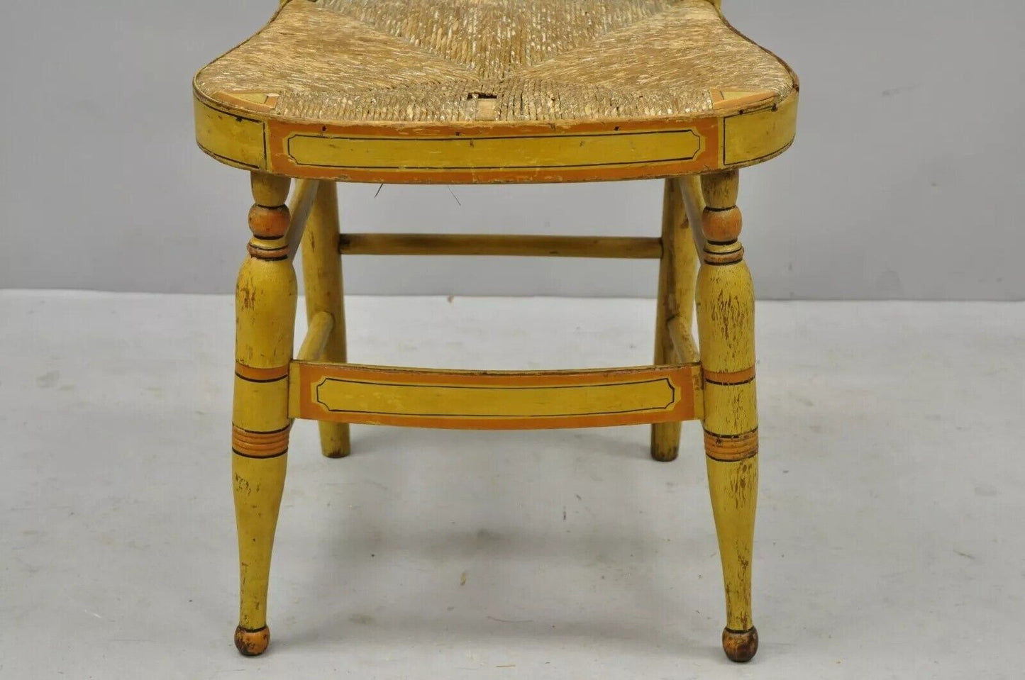 Antique Hitchcock Style Slat Back Rush Seat Yellow Paint Stencil Side Chair (B)