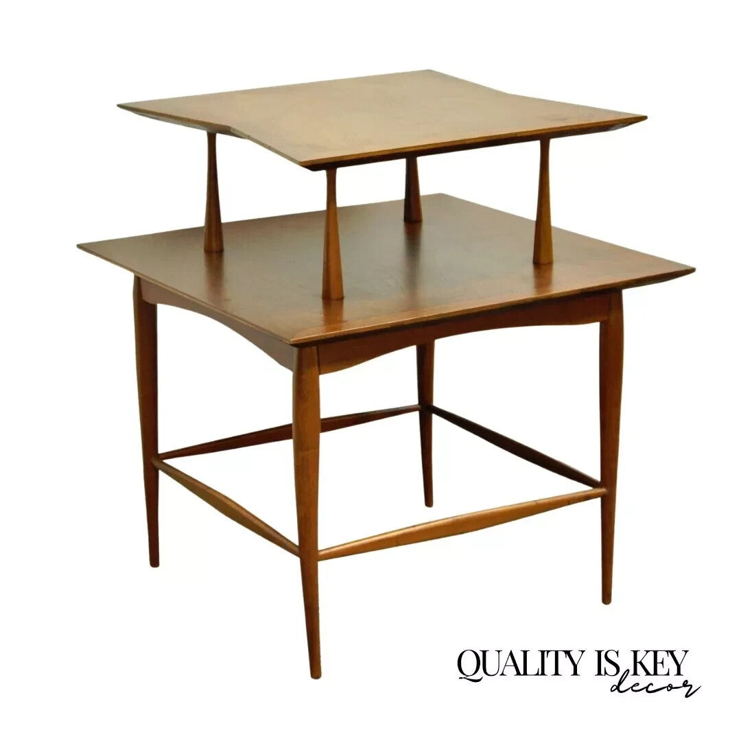 Vintage Mid Century Danish Modern Sculpted Walnut 2 Tier Side End Lamp Table