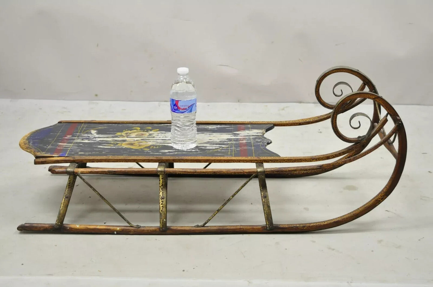Antique Bentwood Blue Painted Small Child Snow Sled Wall Display Art