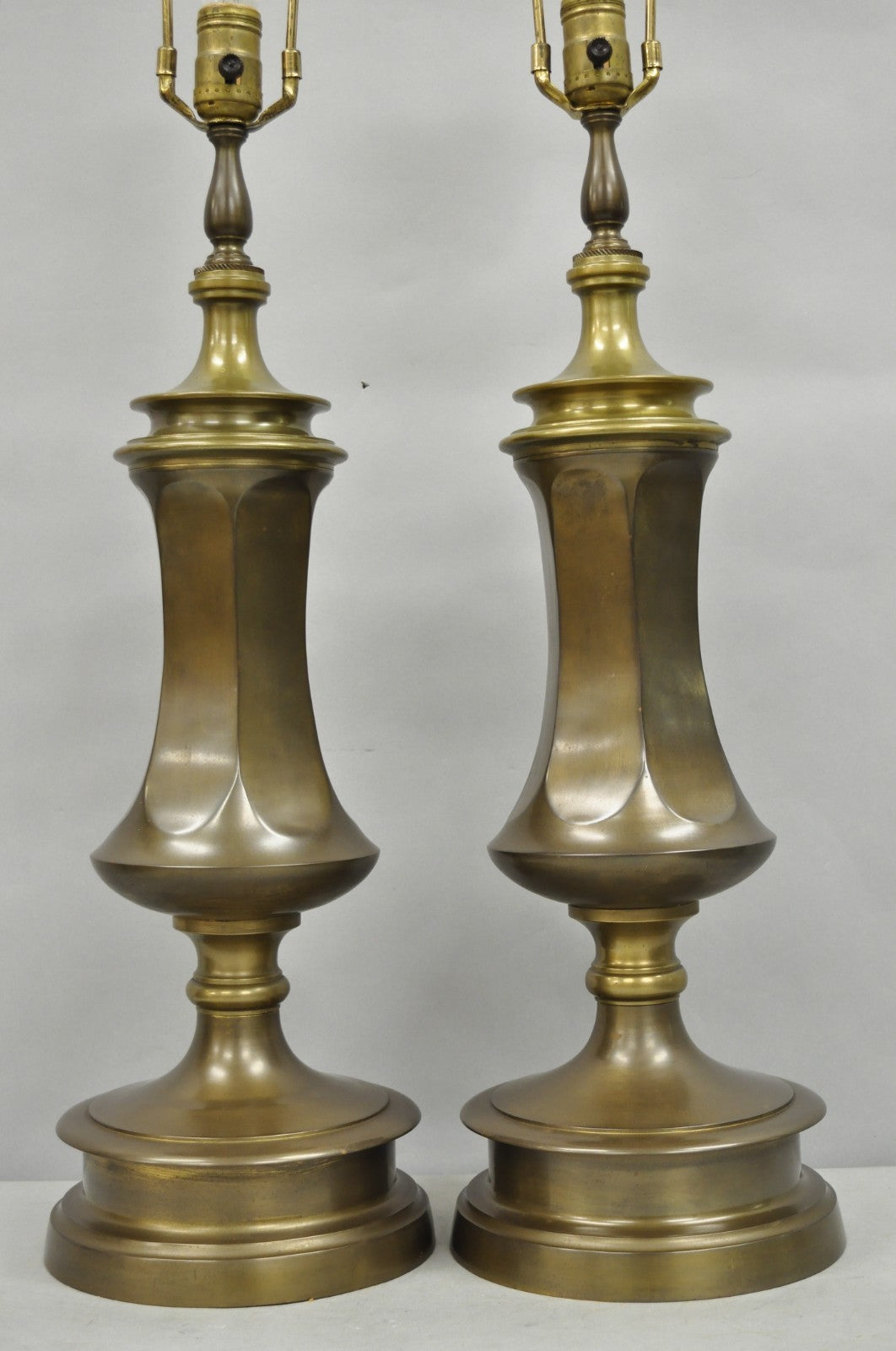 Vintage French Empire Patinated Bronze Brass Column Table Lamps by Wildwood Pair