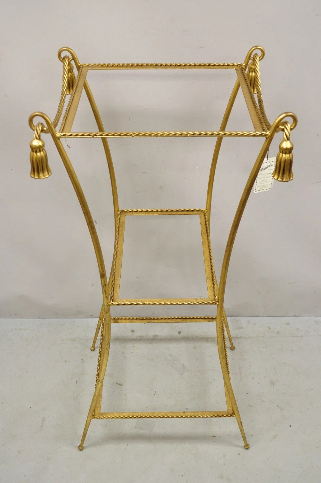 Italian Hollywood Regency Iron Rope Tassel Gold 3 Tier Etagere Stand Side Table