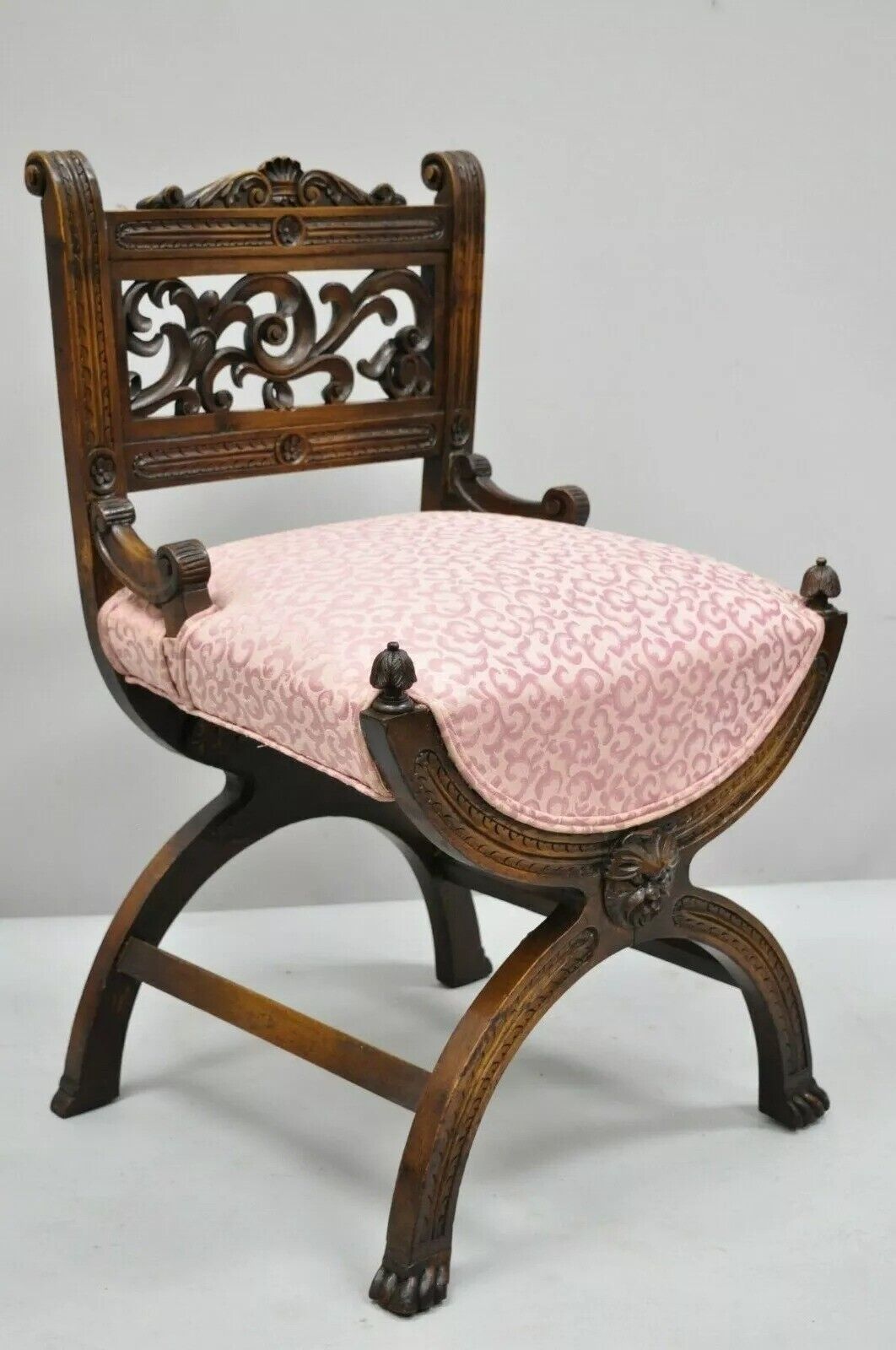 Antique Italian Renaissance Carved Walnut Northwind Face Curule Side Chair