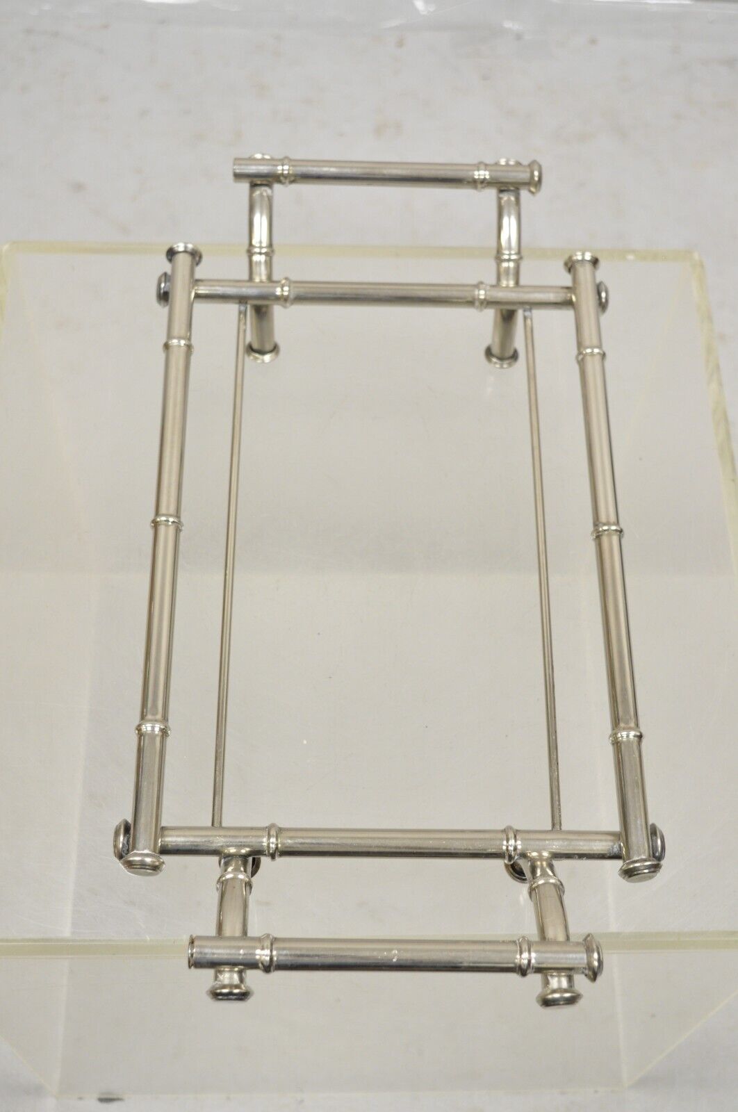 Vtg Italian Hollywood Regency Faux Bamboo Silver Plated Serving Platter Stand