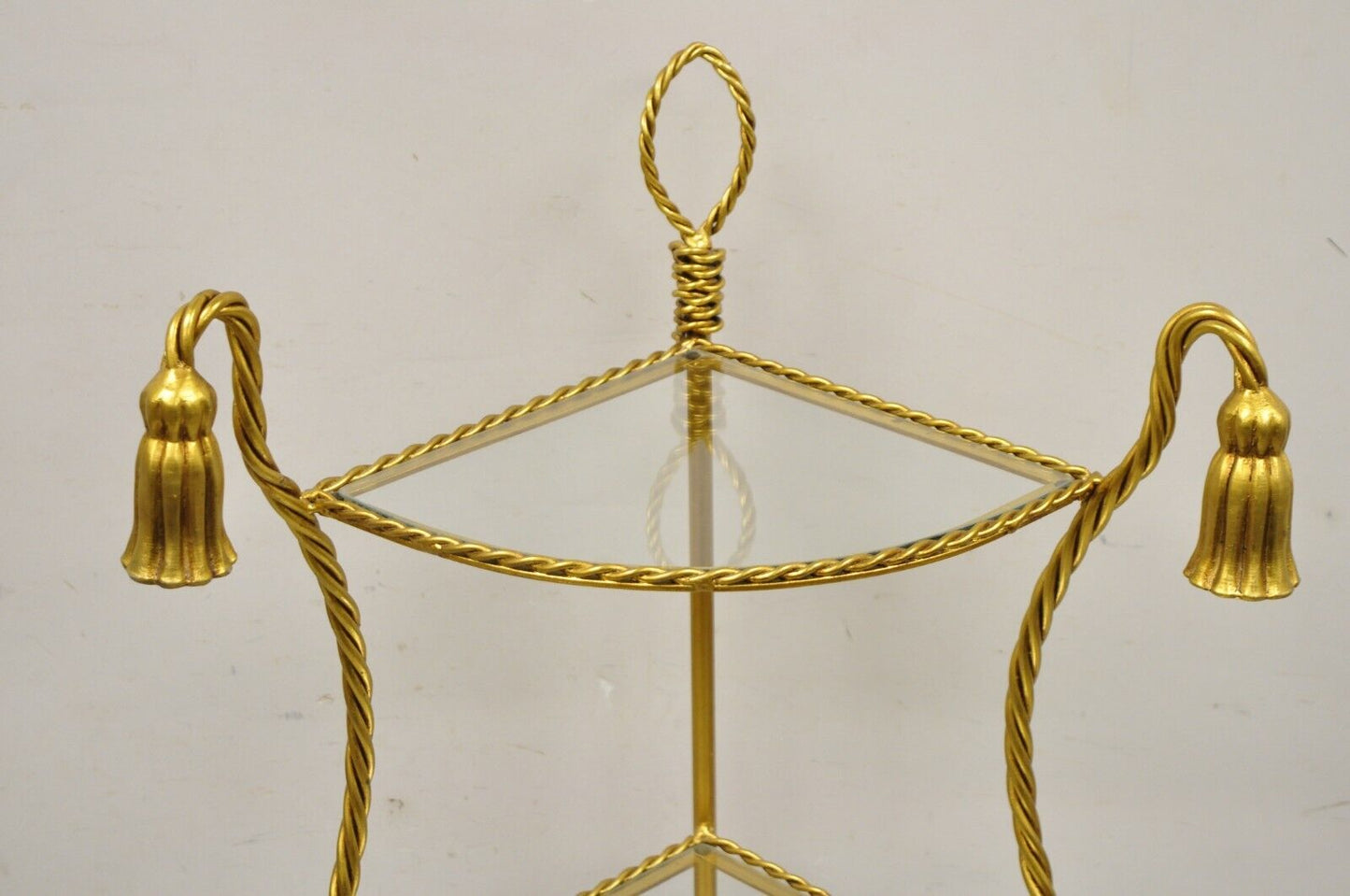 Italian Hollywood Regency Gold Gilt Iron Rope Tassel 4 Tier Etagere Corner Shelf