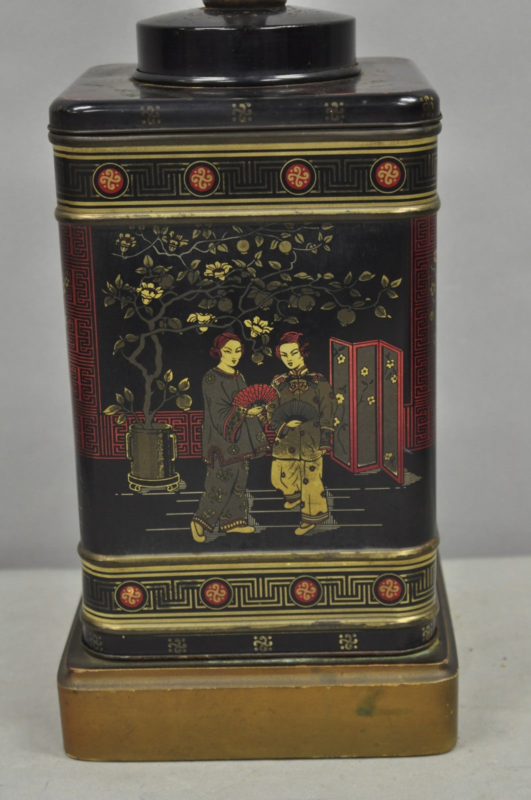 Vintage Chinoiserie English Tole Metal Tea Canister Chinese Painted Table Lamp