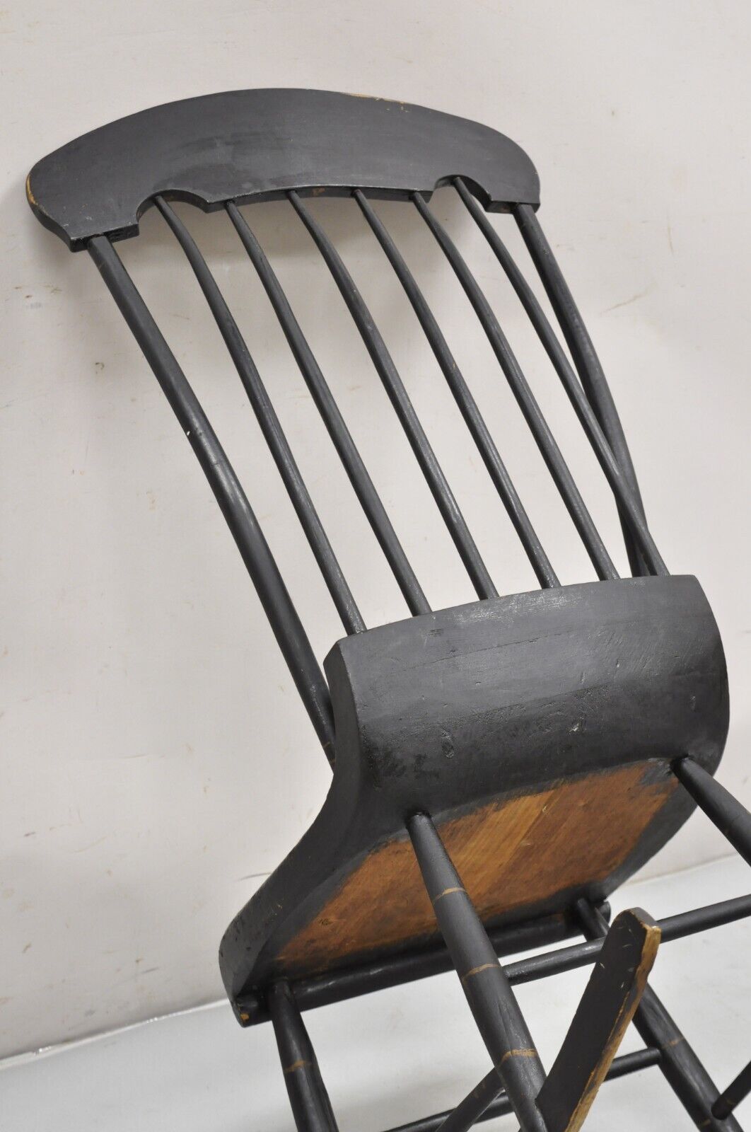 Antique Colonial Stencil Back Black Painted Plank Bottom Rocker Rocking Chair