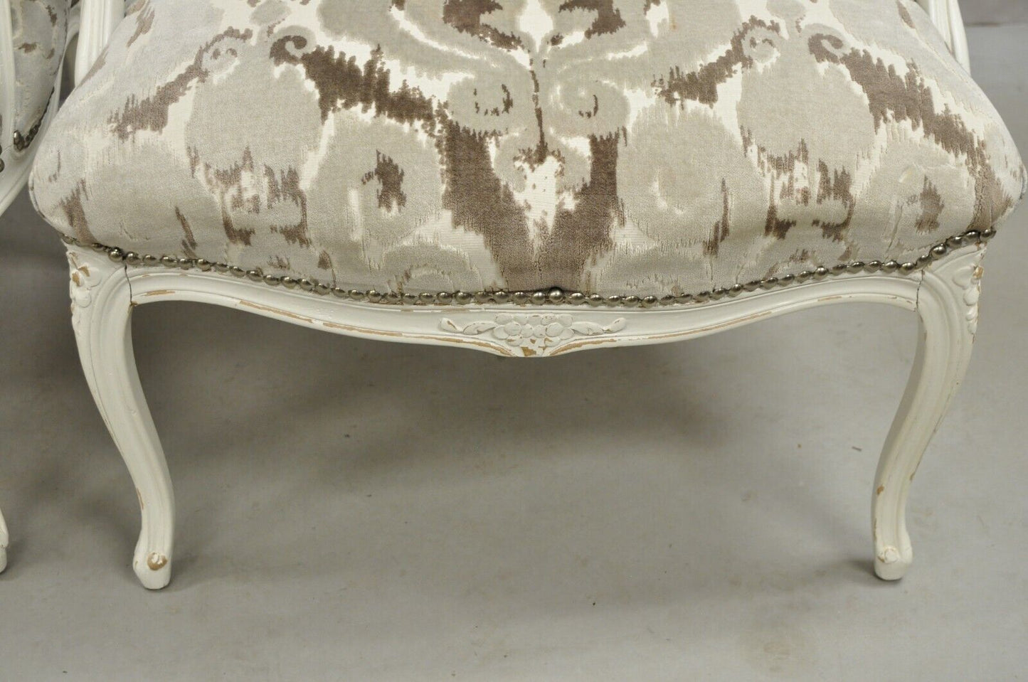 Vintage French Country Louis XV Style White Distress Painted Arm Chairs - a Pair