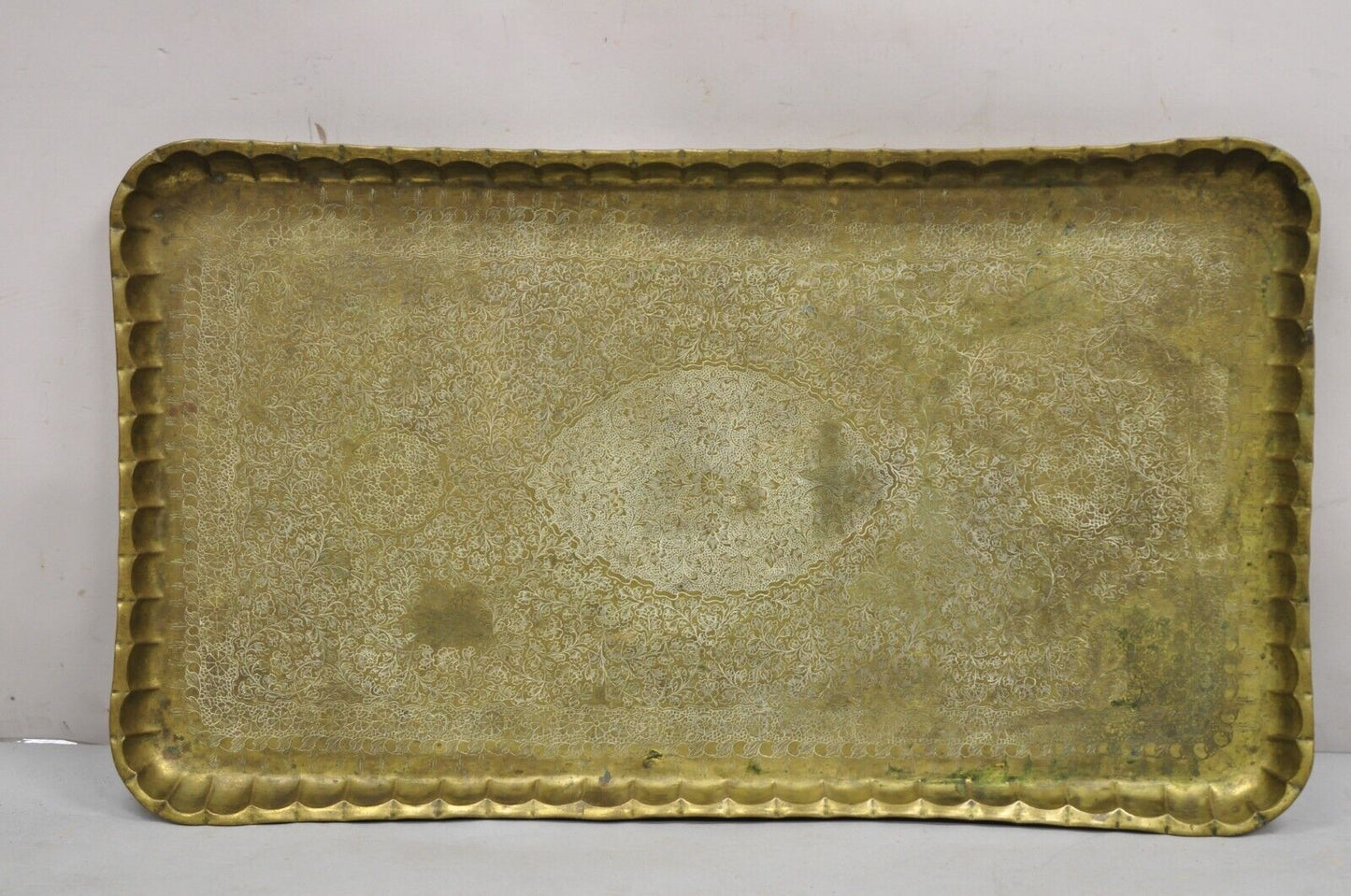 Vintage Moroccan Middle Eastern Solid Brass Rectangular Engraved 30" Tray Top