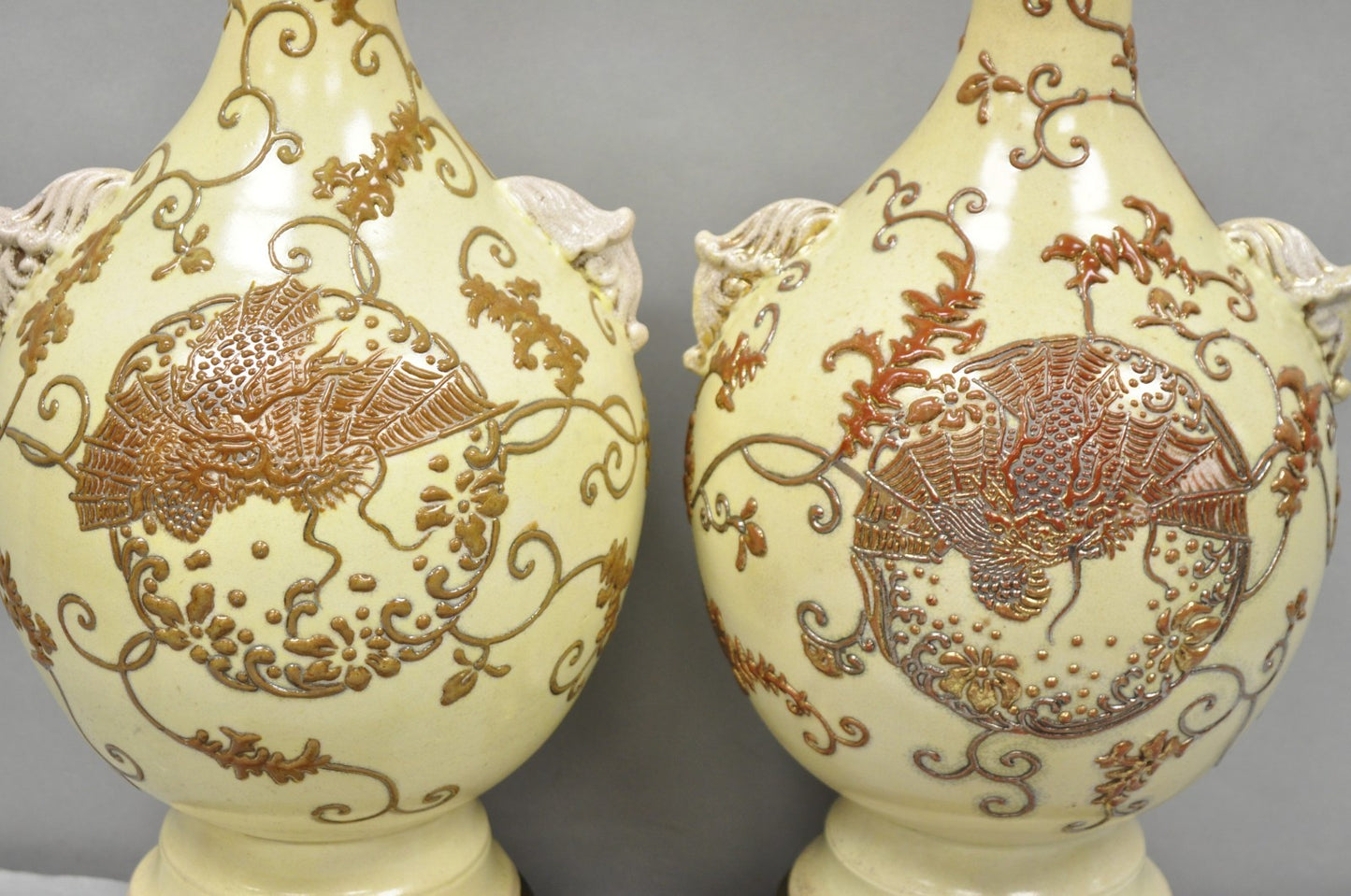 Antique Japanese Ceramic Beige Figural Dragon Vase Form Table Lamps - a Pair