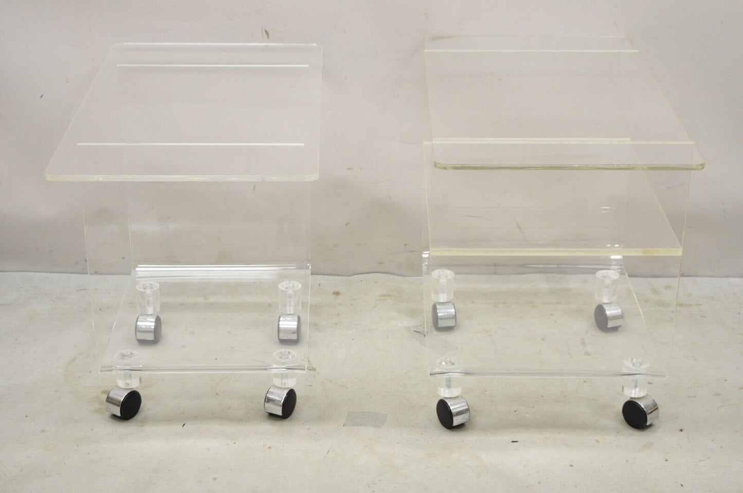 Vintage Clear Lucite Acrylic Mid Century Modern Rolling Side Tables - a Pair