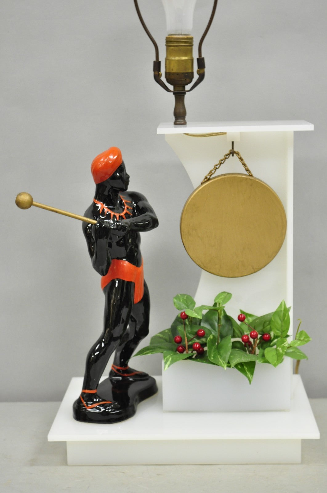 Vintage Mid Century Modern Figural African Black Male w/ Gong Acrylic Table Lamp