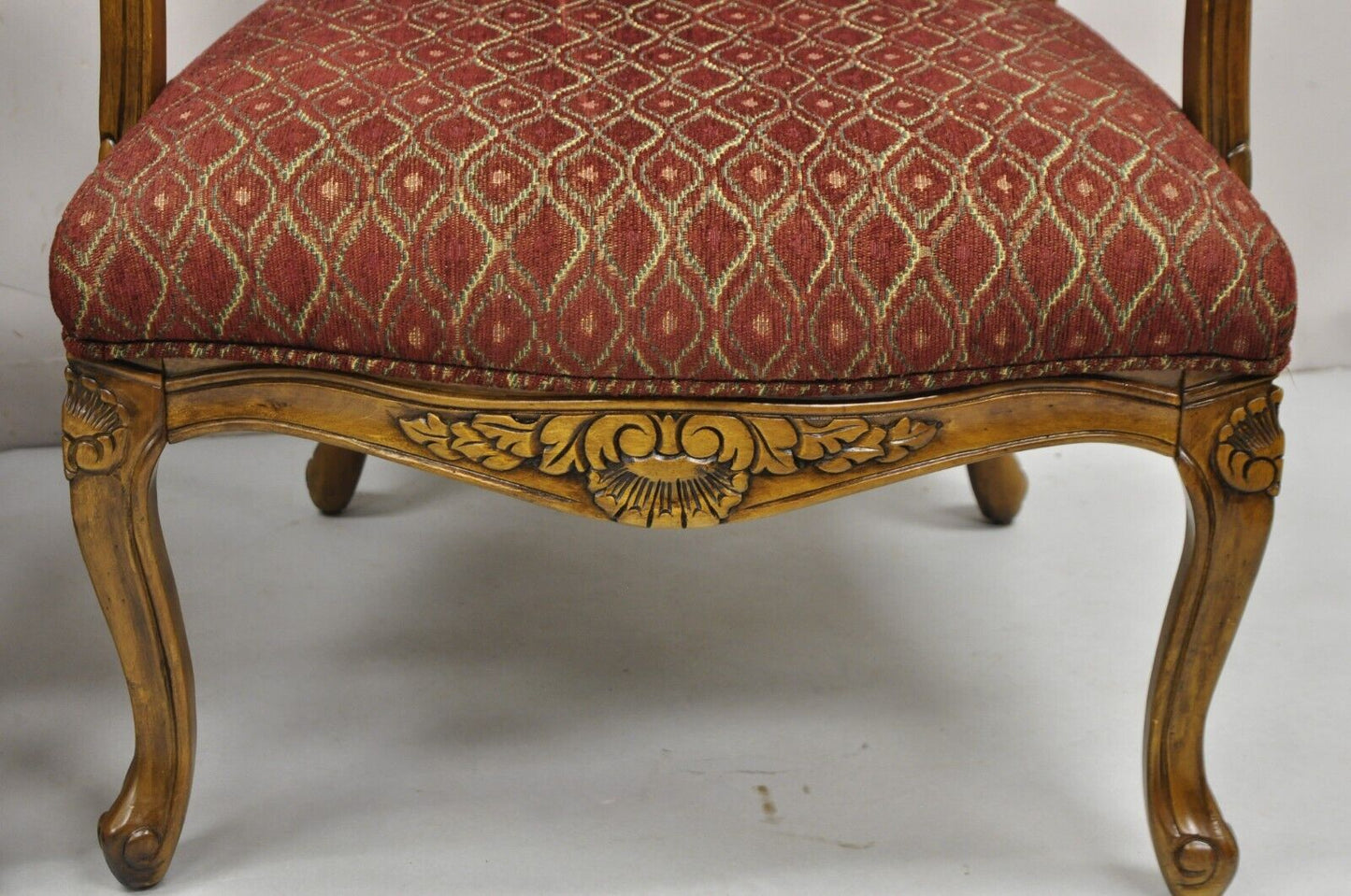 French Country Style Shell Carved Wood Burgundy Upholstered Lounge Chairs - Pair