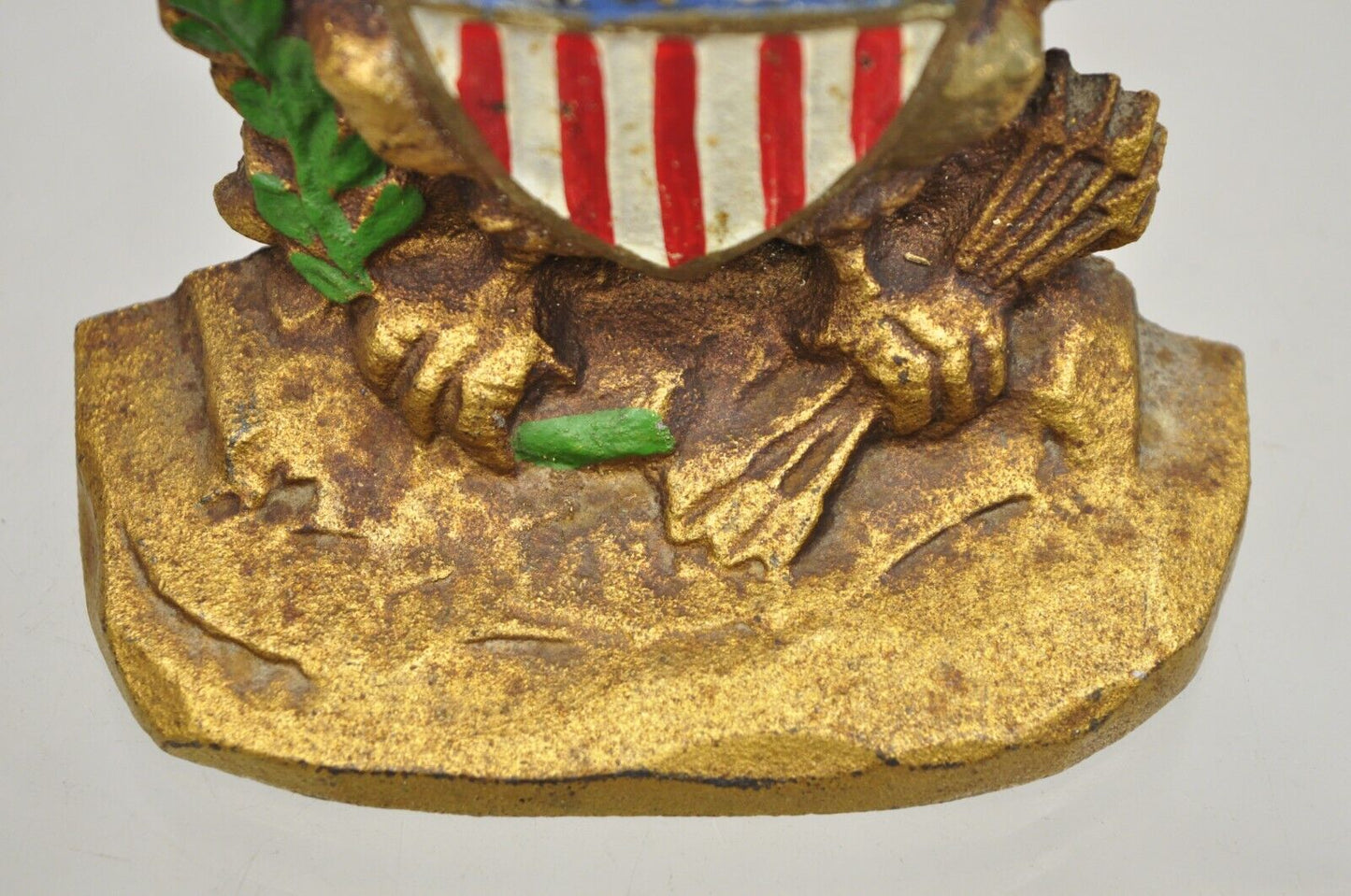 Antique Patriotic Cast Iron Figural Gold American Flag & Eagle Painted Door Stop