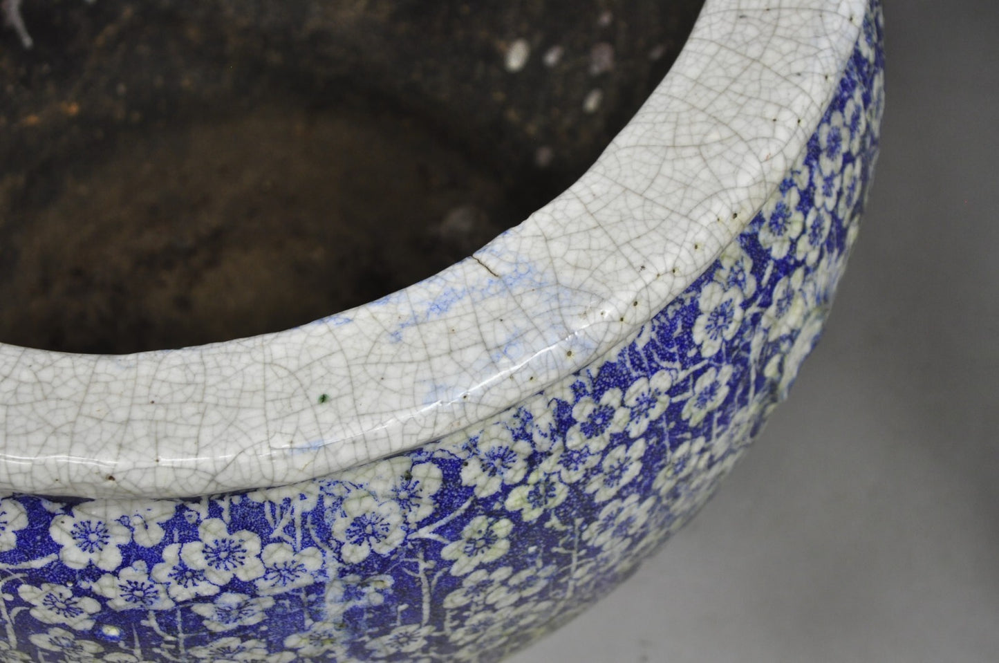 Antique Chinoiserie Large Blue White Terracotta 23" Jardiniere Planter Pot Pair