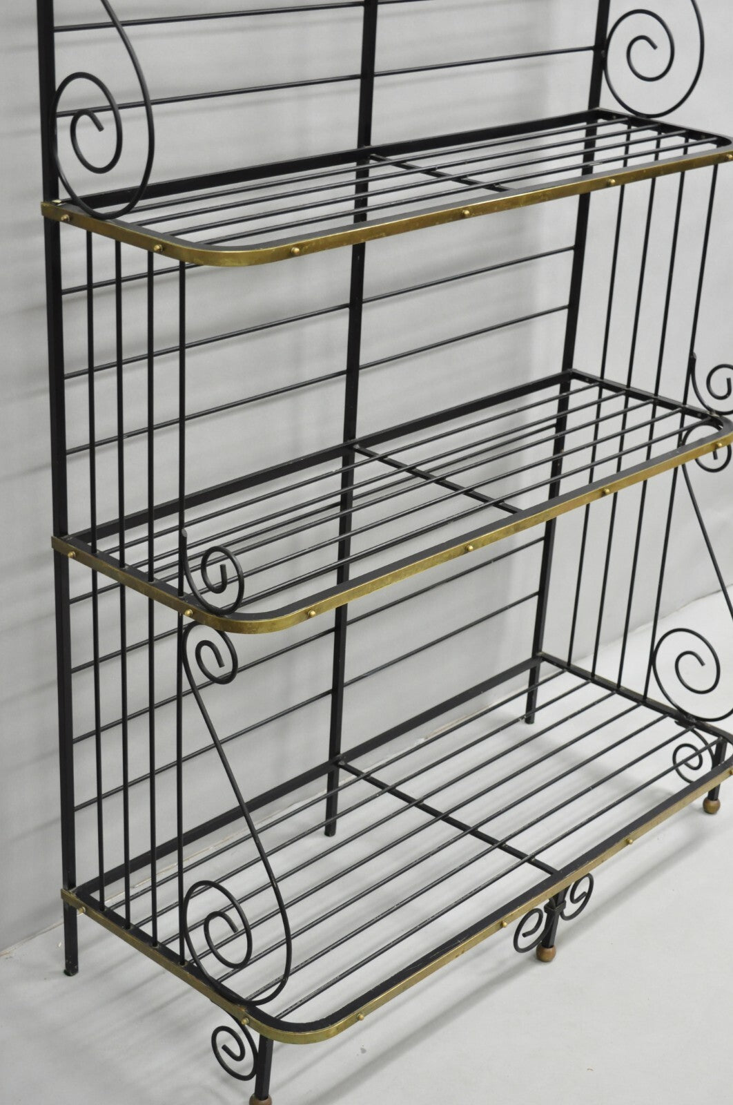 Vintage French Bakers Rack 3 Tier Scrolling Wrought Iron and Brass Etagere
