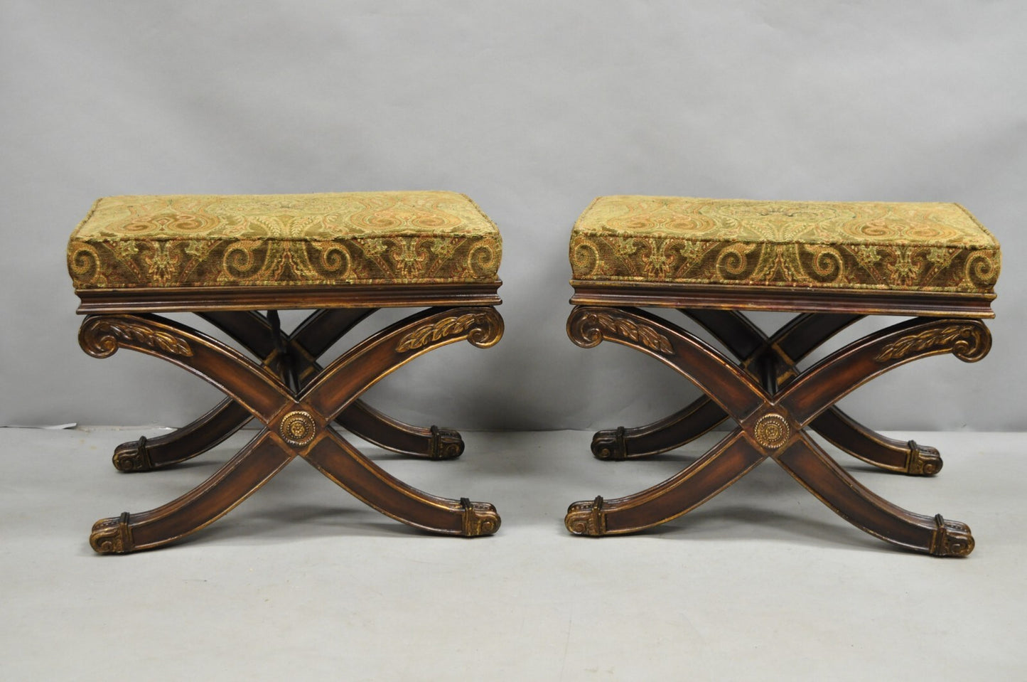 Ethan Allen Alexis X-Frame Regency Style Curule Footstool Stool Ottoman - a Pair