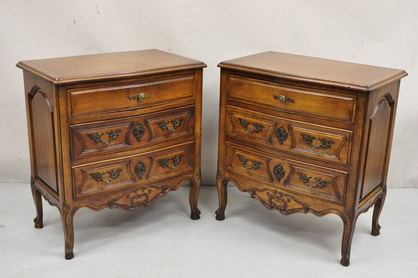 Vintage French Country Provincial Carved Walnut Italian Nightstands - a Pair