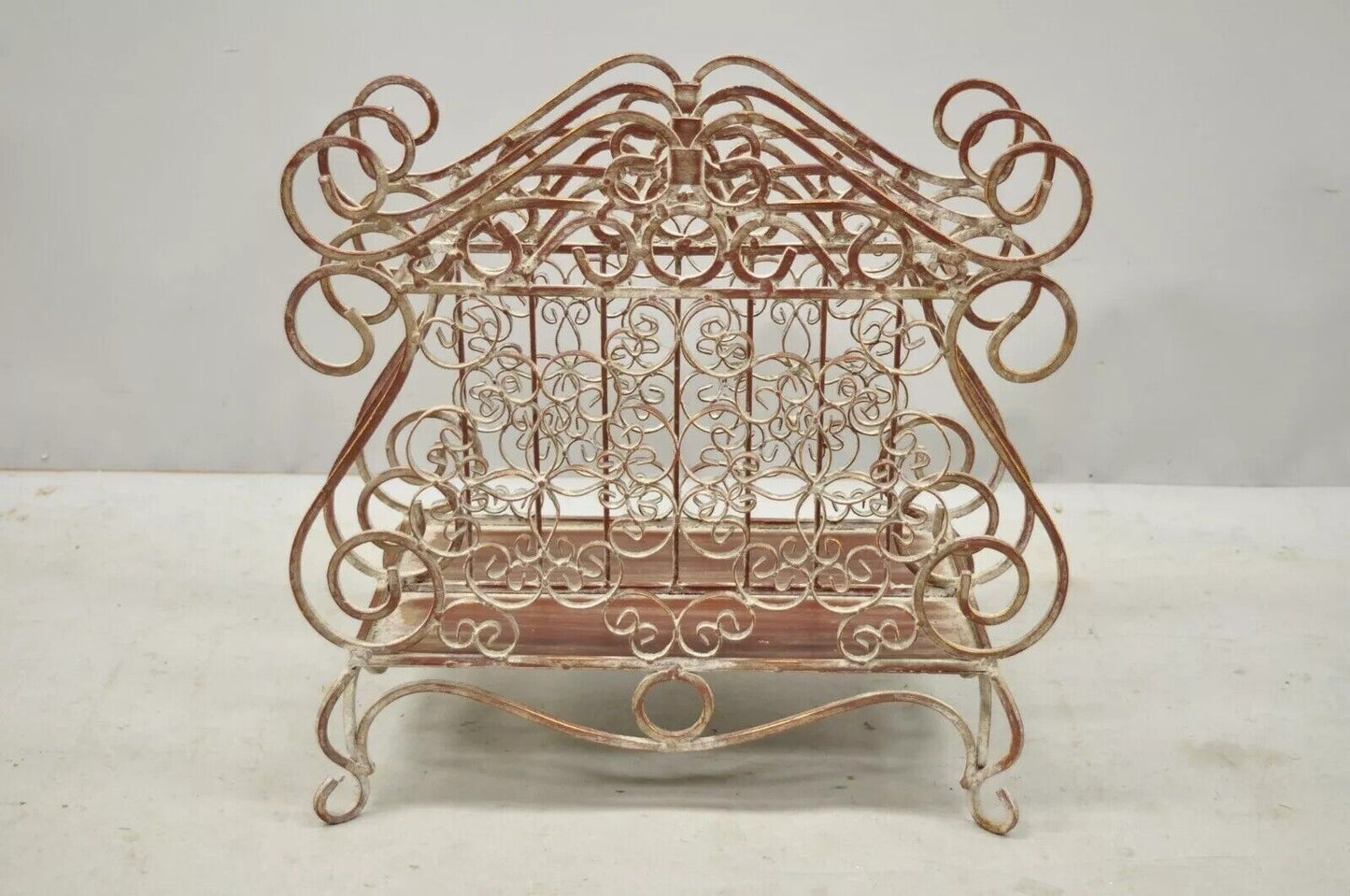 French Country Style Wrought Iron Red Lattice and Flower Bouquet Magazine Rack