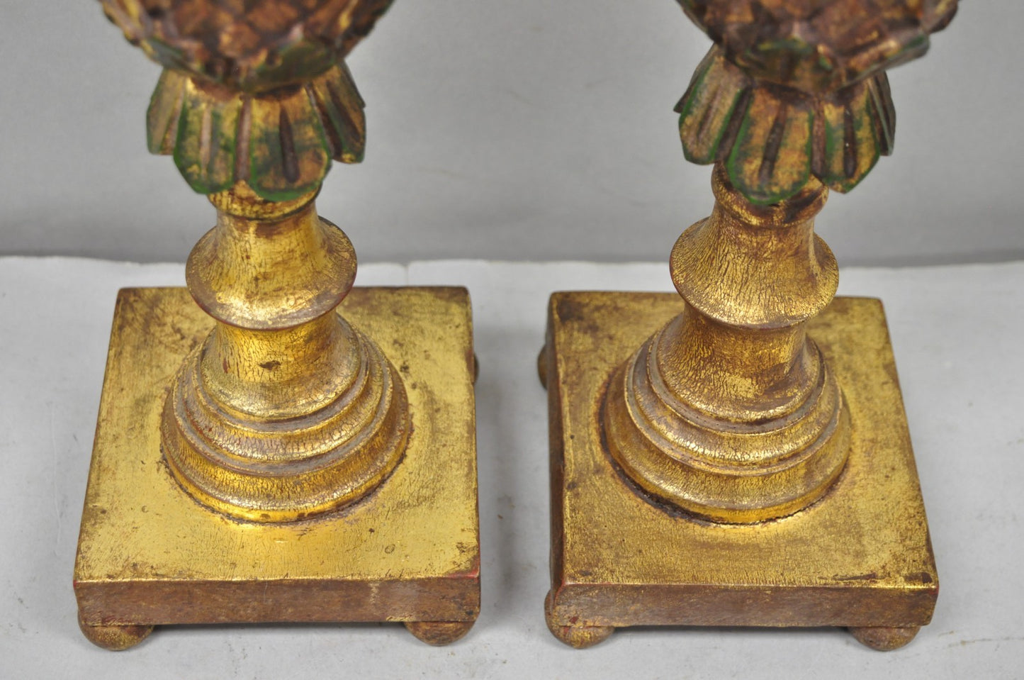 Vintage Italian Hollywood Regency Carved Gold Giltwood Pineapple Table Lamp Pair