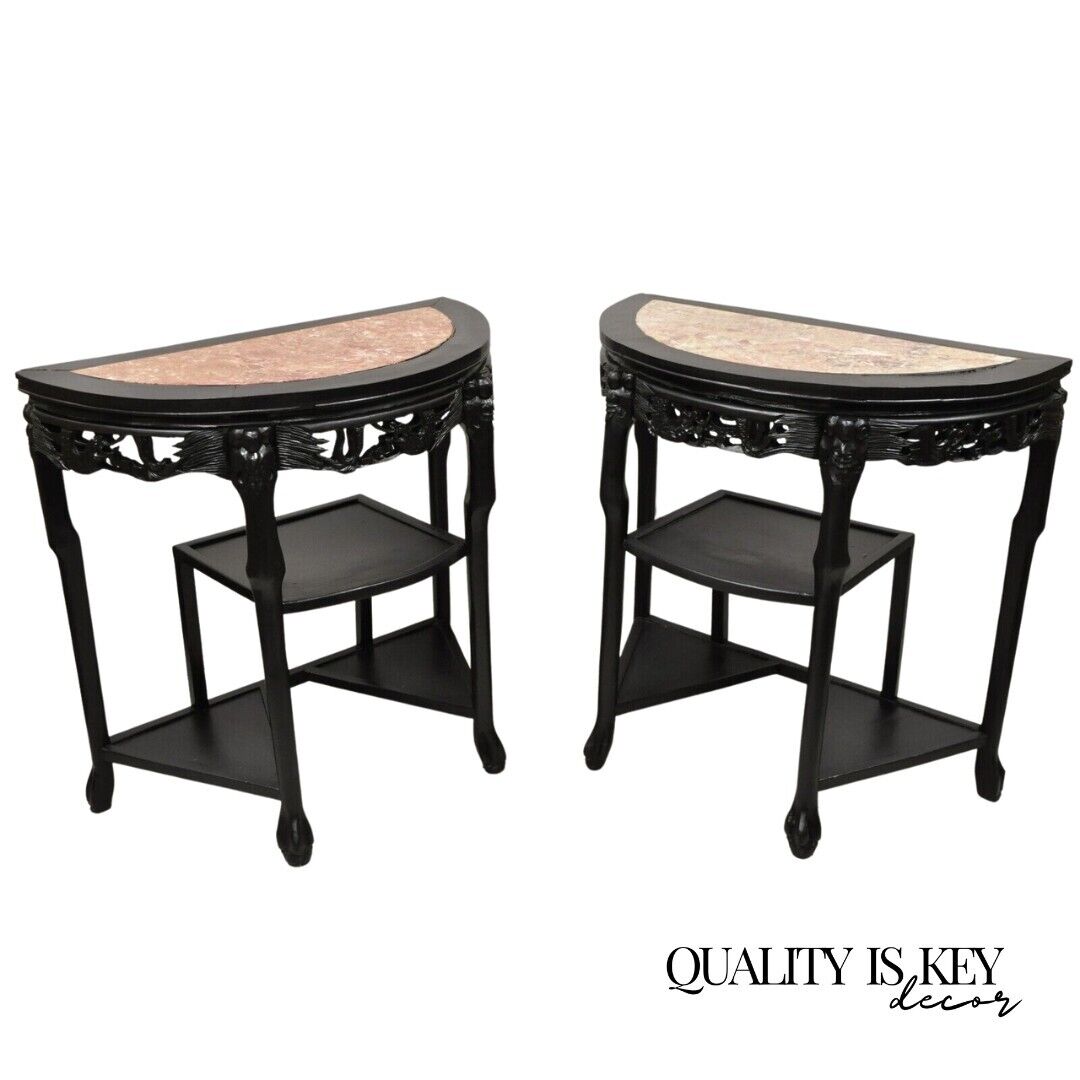 Vintage Chinese Chinoiserie Black Demilune Pink Marble Console Table - a Pair