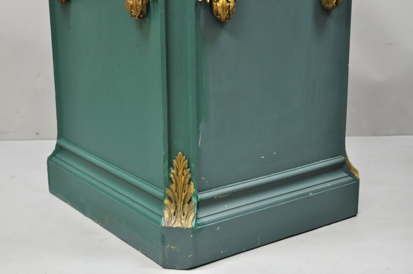 Vintage French Louis XVI Style Green Gold Carved Wood 39" Column Pedestal Stand