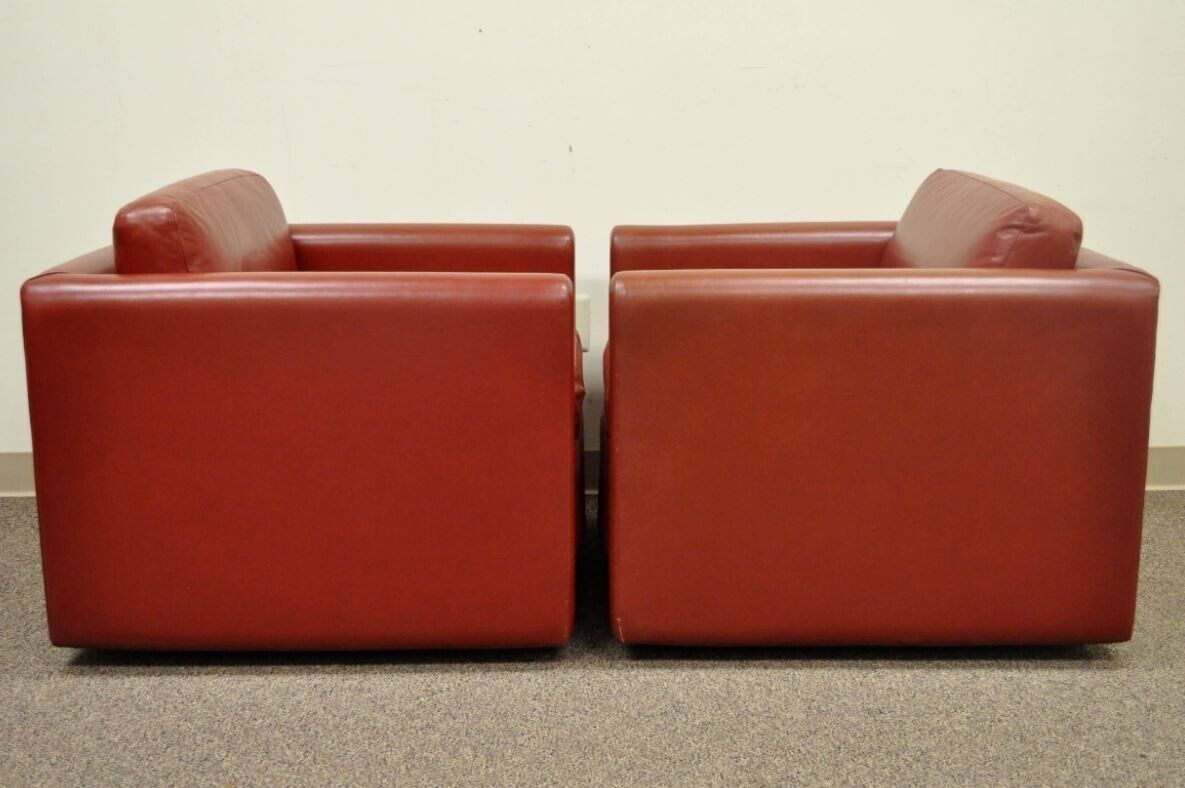 Mid Century Modern Red Leather Cube Club Lounge Chairs on Casters - a Pair