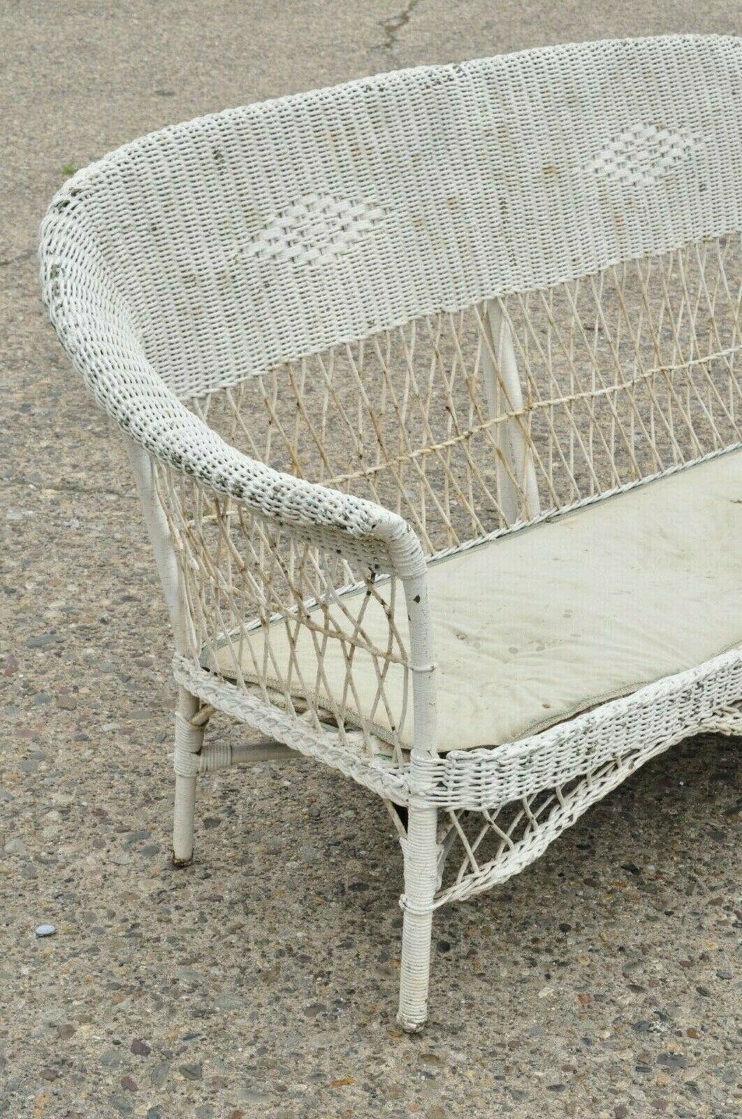 Antique Victorian Wicker Rattan White Painted Sunroom Patio Furniture Sofa