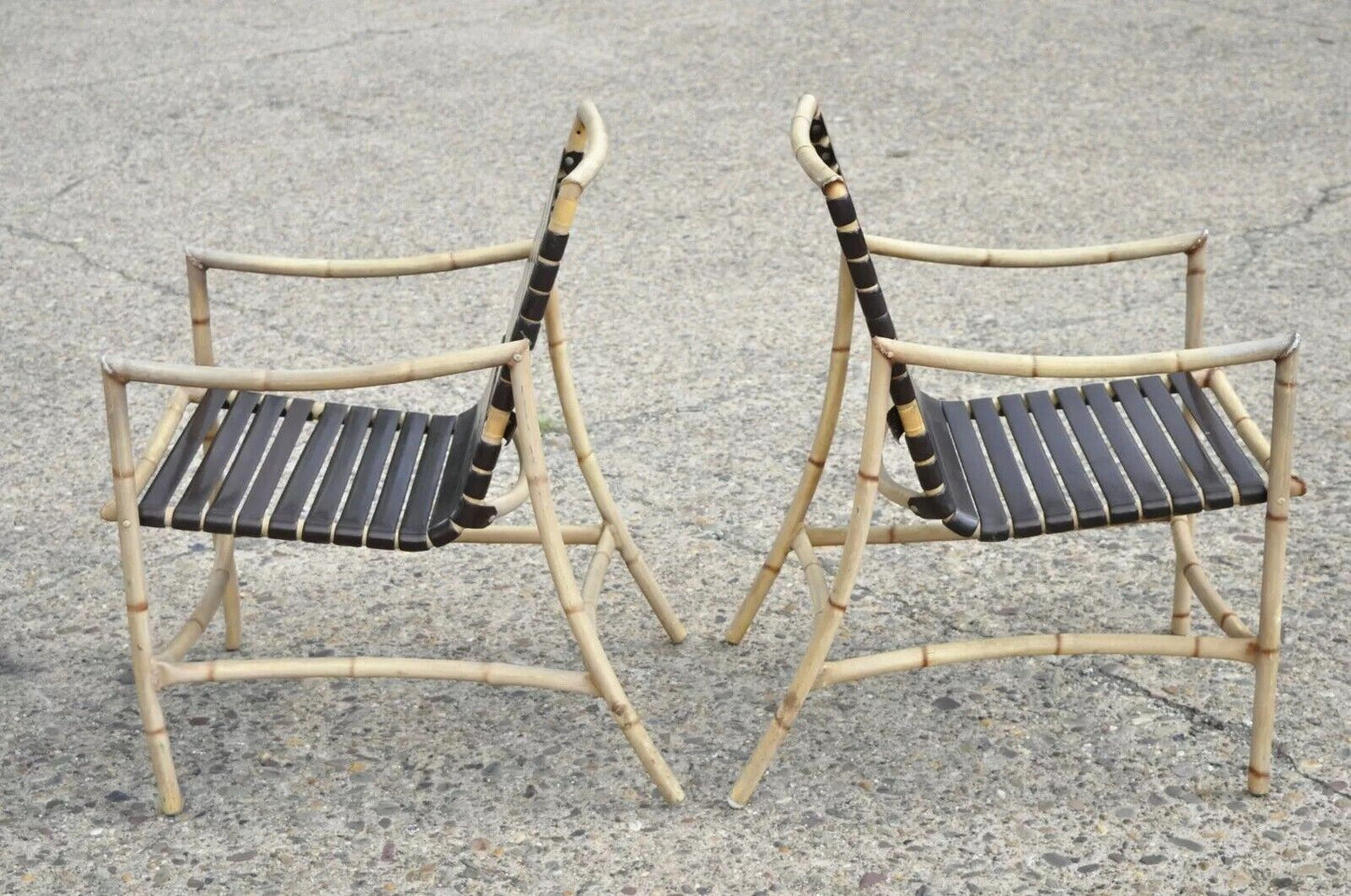 Faux Bamboo Chinese Chippendale Aluminum Vinyl Strap Pool Arm Chairs - a Pair