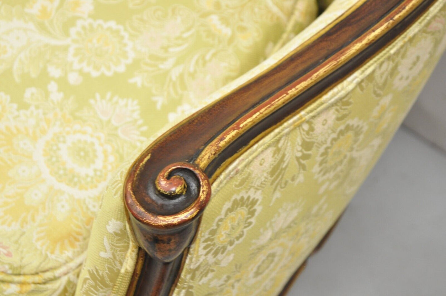 Vintage French Hollywood Regency Barrel Back Upholstered Loveseat Settee Sofa