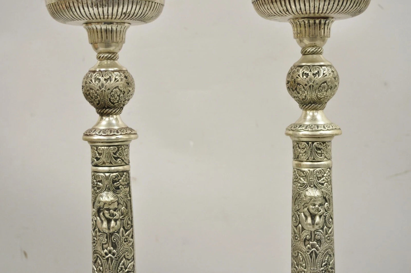 French Renaissance Silver Plated Tall Ornate Compote Centerpiece Dish Bowl Pair