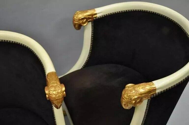 Vintage Regency Neoclassical Style Ram's Head Hoof Feet Club Chairs - a Pair