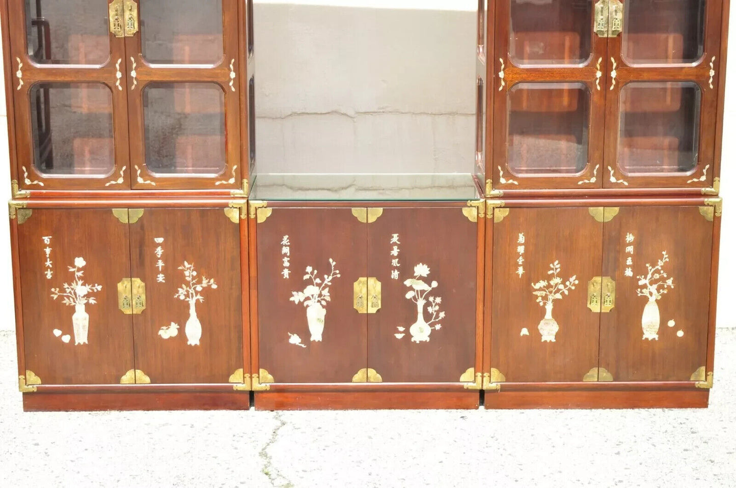 Vintage Chinese Mother of Pearl Hardwood China Cabinet Curio Display Wall Unit