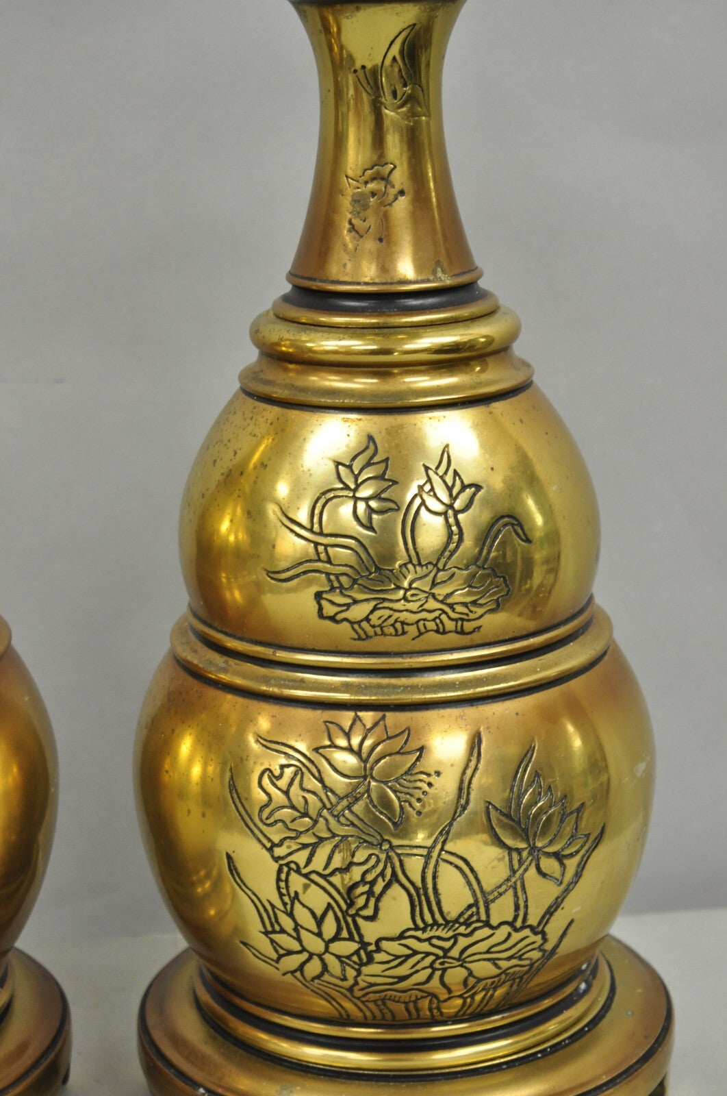 Vintage Chinoiserie Brass Stacked Beehive Table Lamps with Floral Etching - Pair